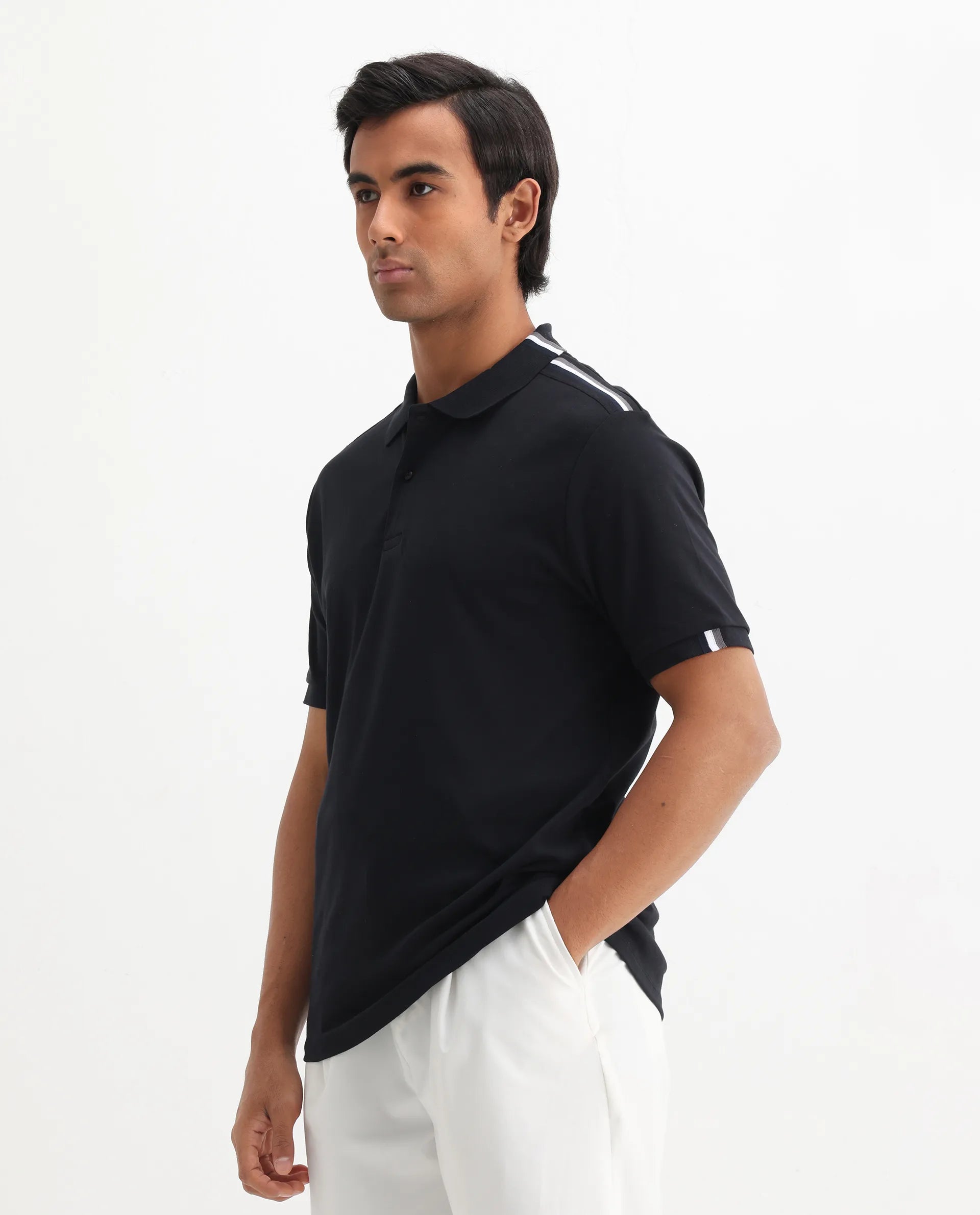 Rare Rabbit Men Loui Black Cotton Fabric Striped Short Sleeve And Collar Neck Plain Polo