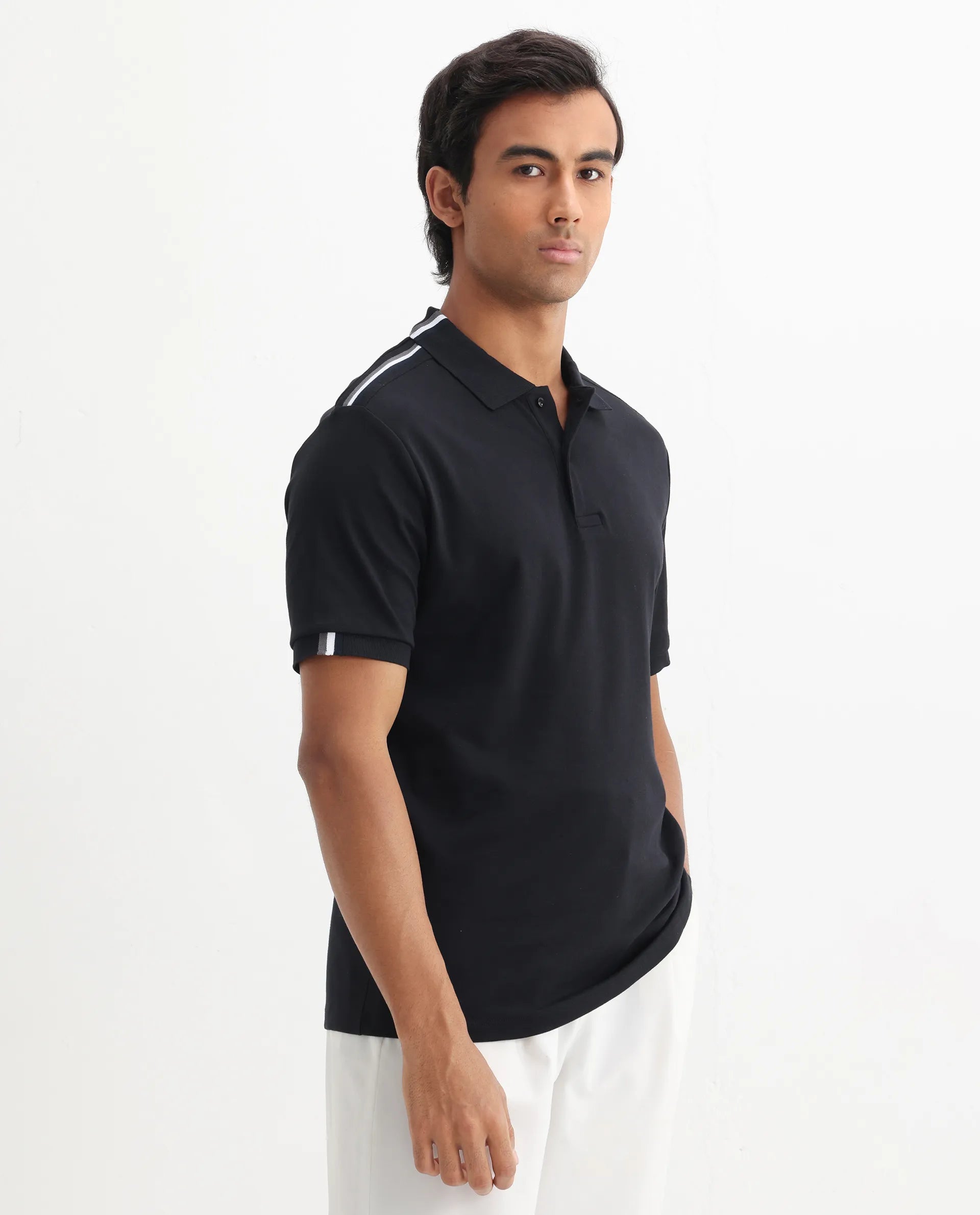 Rare Rabbit Men Loui Black Cotton Fabric Striped Short Sleeve And Collar Neck Plain Polo