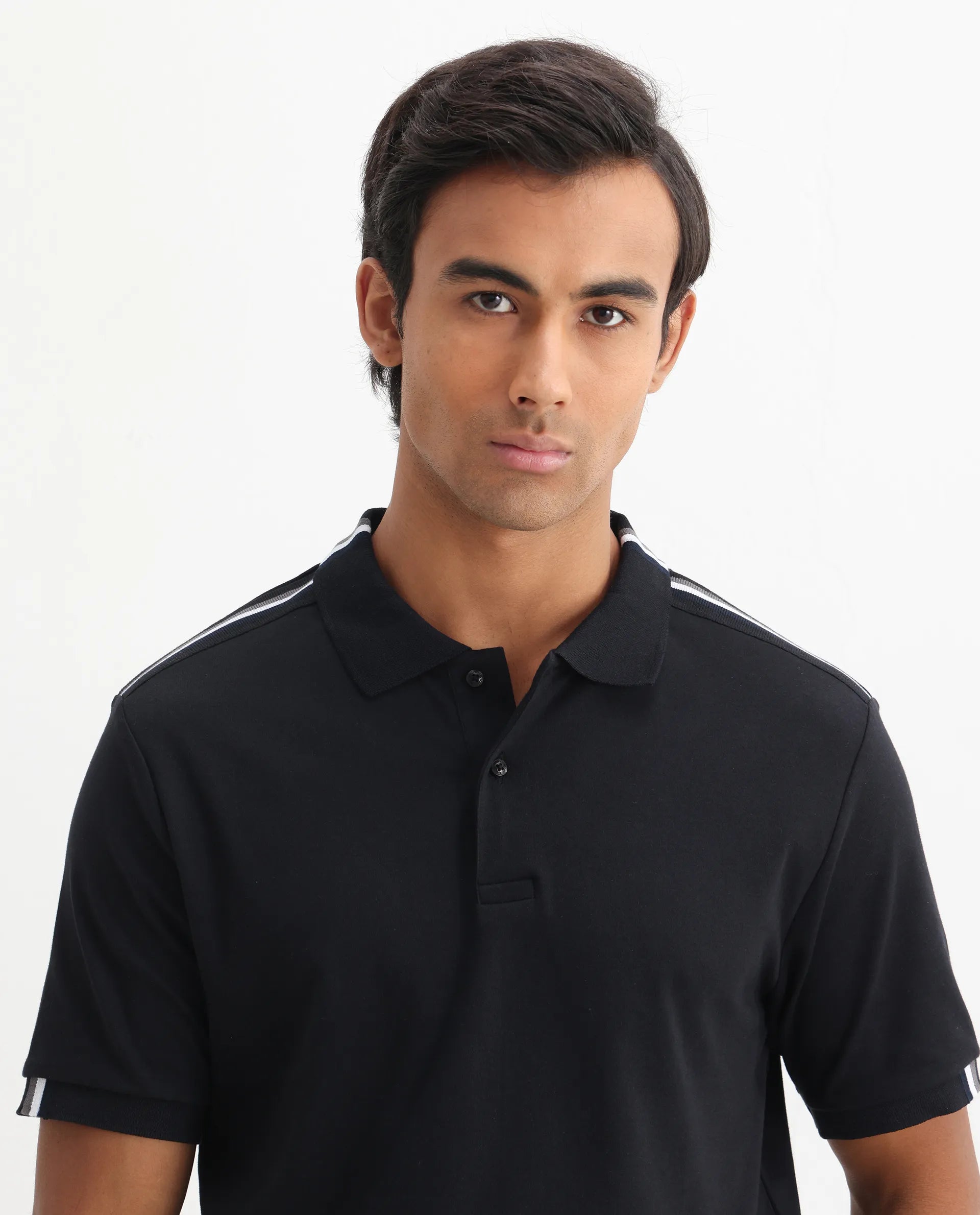 Rare Rabbit Men Loui Black Cotton Fabric Striped Short Sleeve And Collar Neck Plain Polo