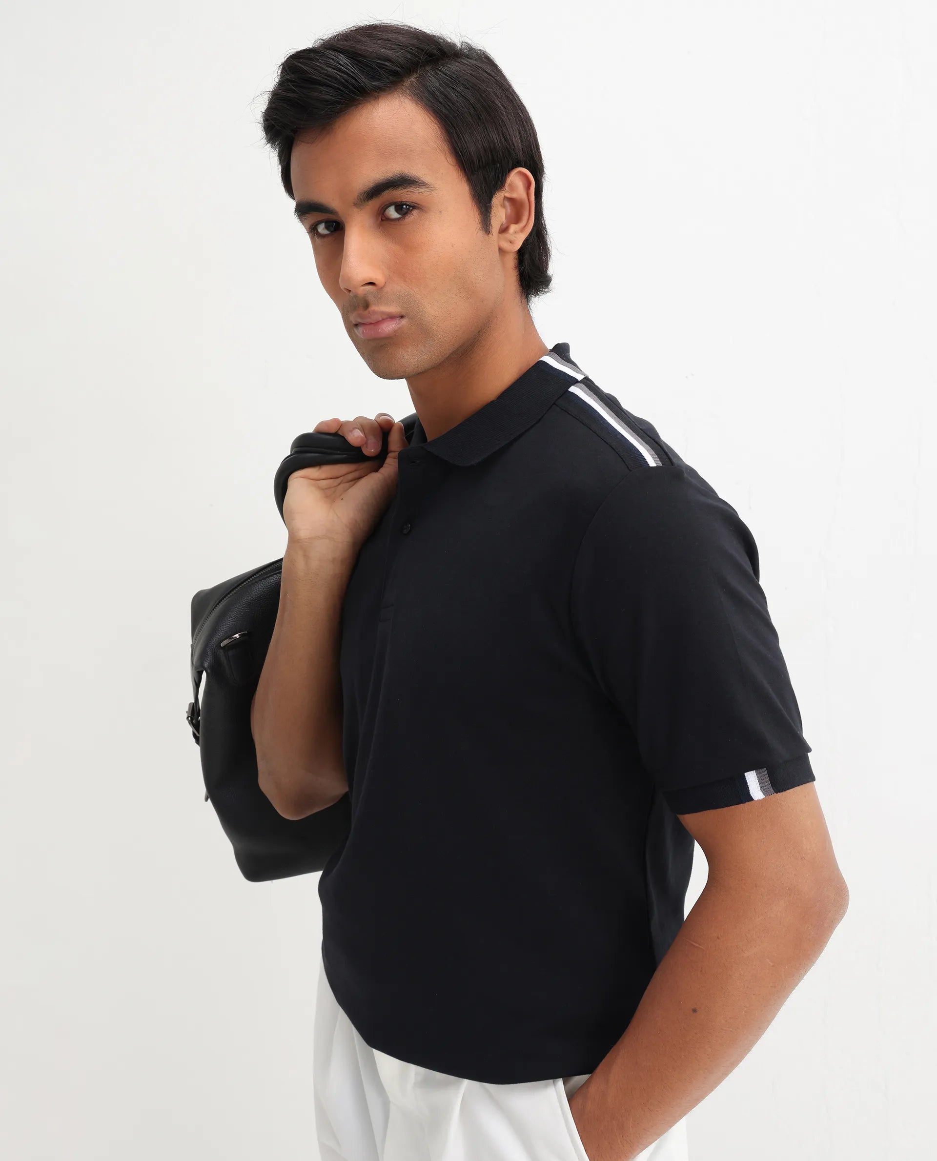 Rare Rabbit Men's Laur Black Cotton Plain Regular Fit Half Sleeve Polo