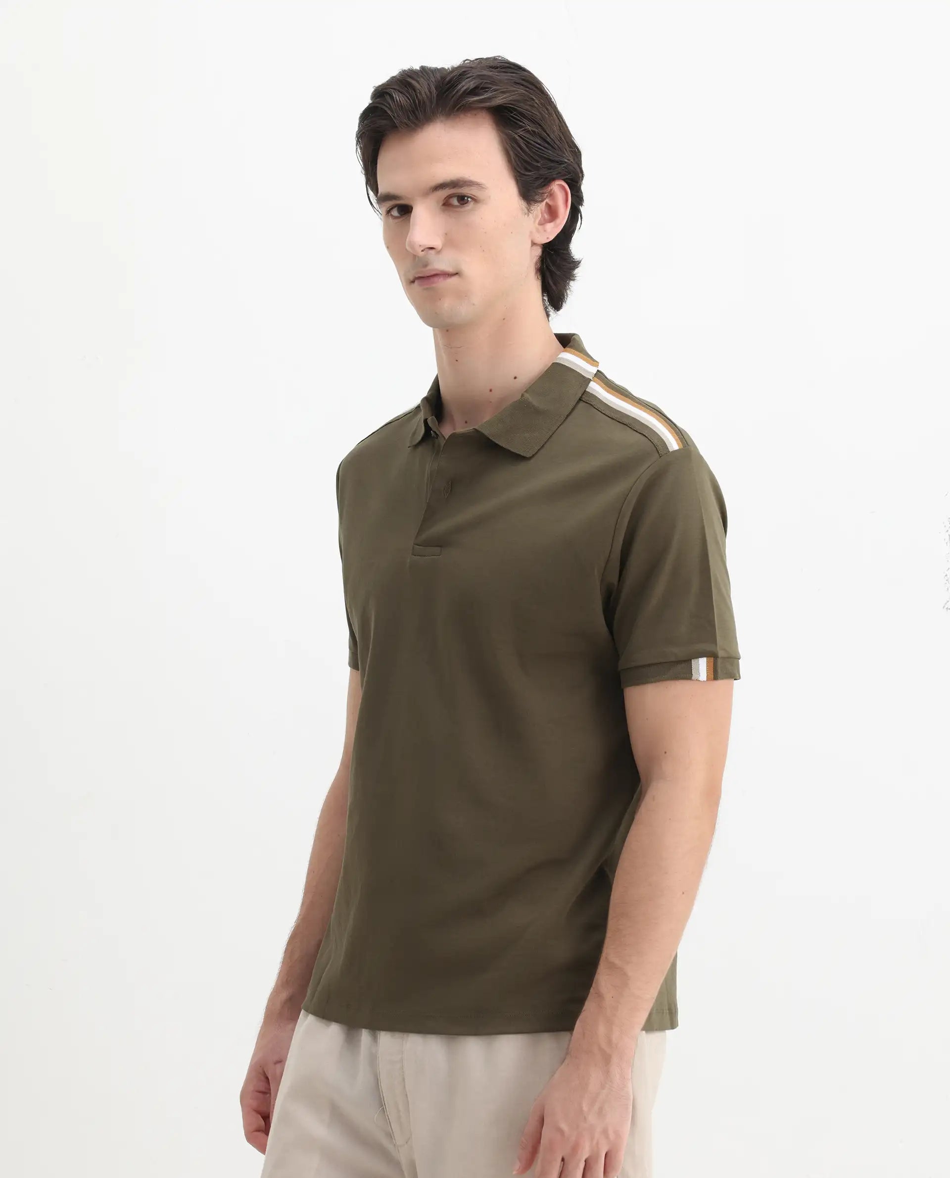 Rare Rabbit Men Loui Olive Cotton Fabric Striped Short Sleeve And Collar Neck Plain Polo