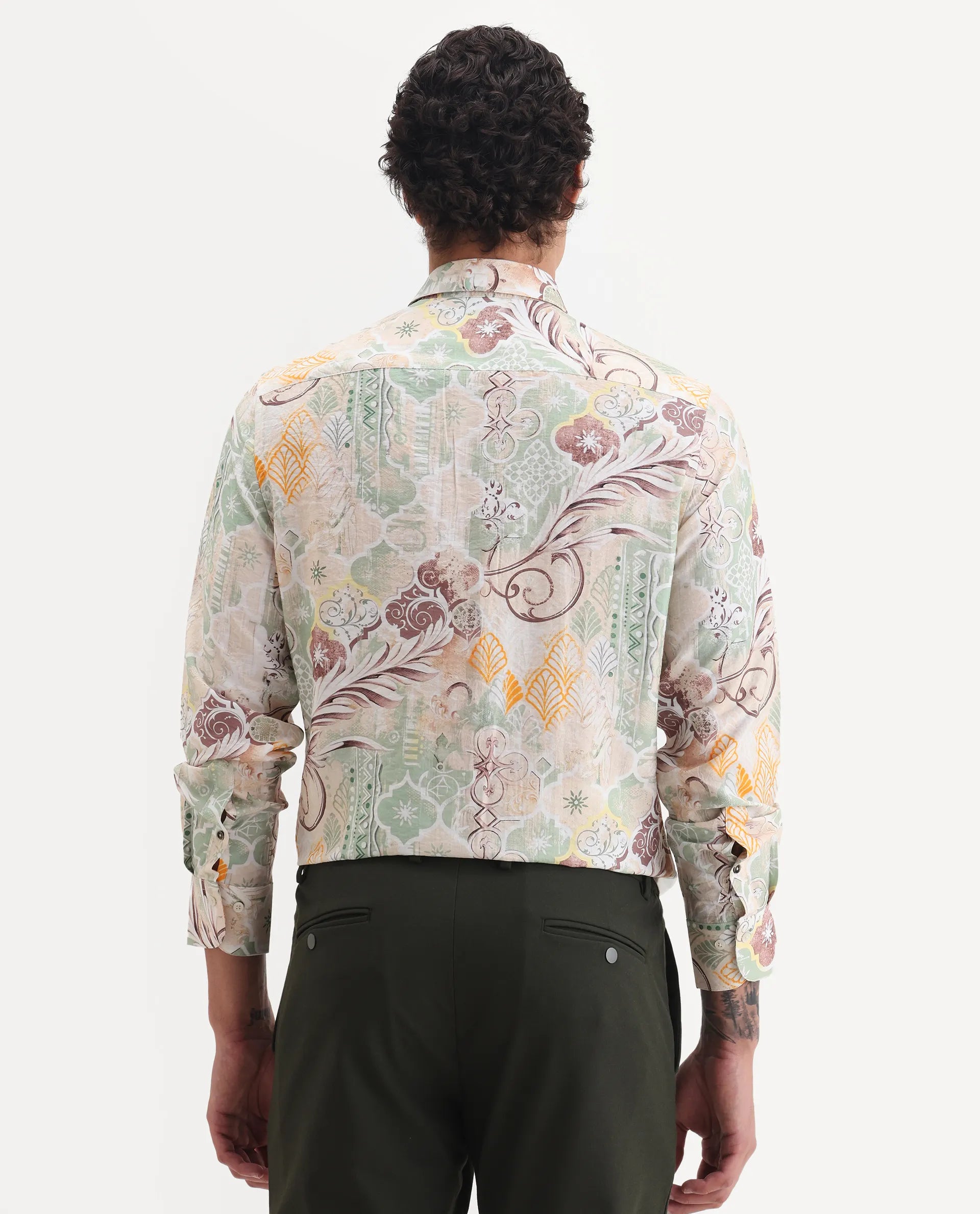 Rare Rabbit Men's Loux Beige Viscose Blend Fabric Collared Neck Regular Abstract Print Shirt