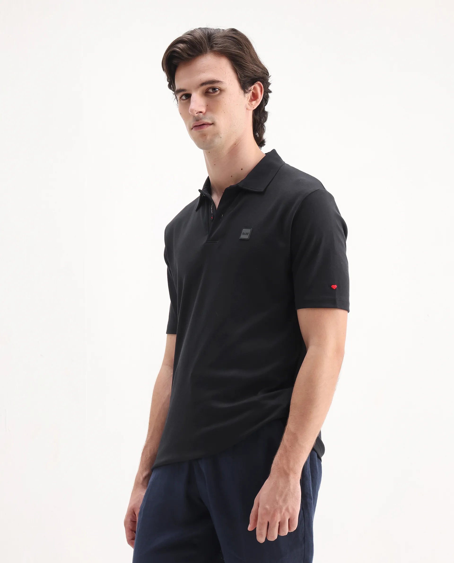 Rare Rabbit Men's Lov Black Cotton Embroidered Regular Fit Half Sleeve Polo