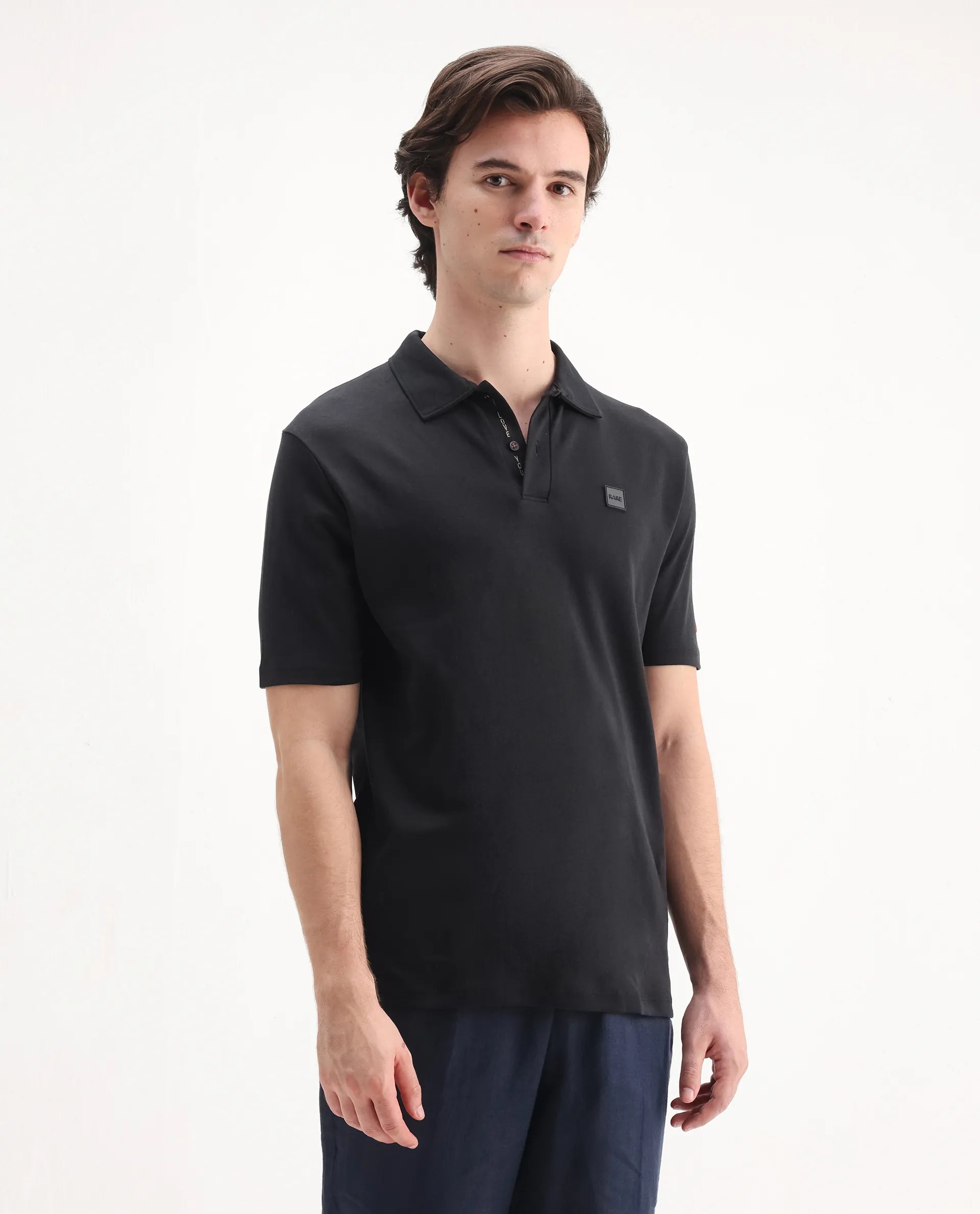 Rare Rabbit Men's Lov Black Cotton Embroidered Regular Fit Half Sleeve Polo