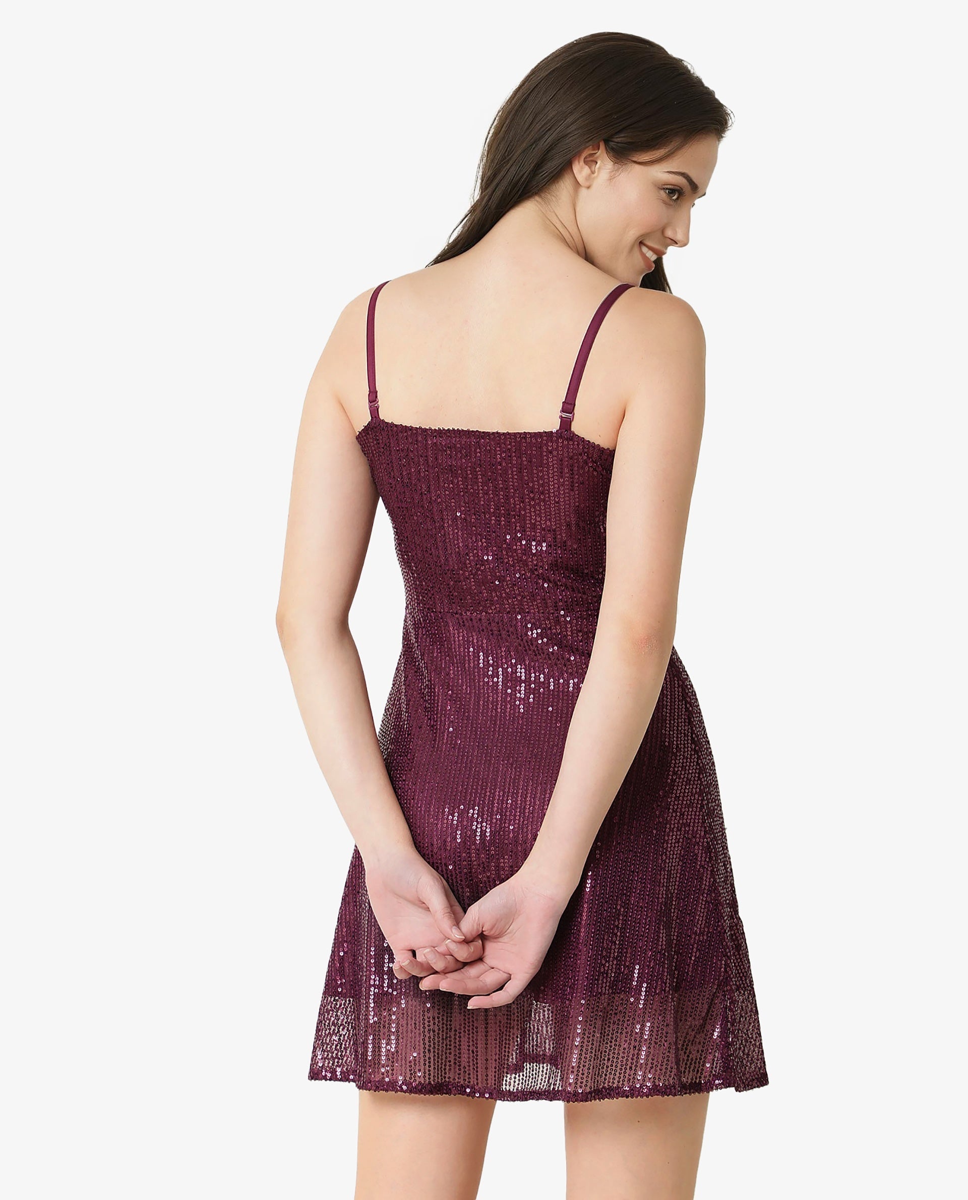 Rareism Women Lovez Dark Maroon V Neck Detachable Shoulder Pearl Straps Sequin Party Mini Dress