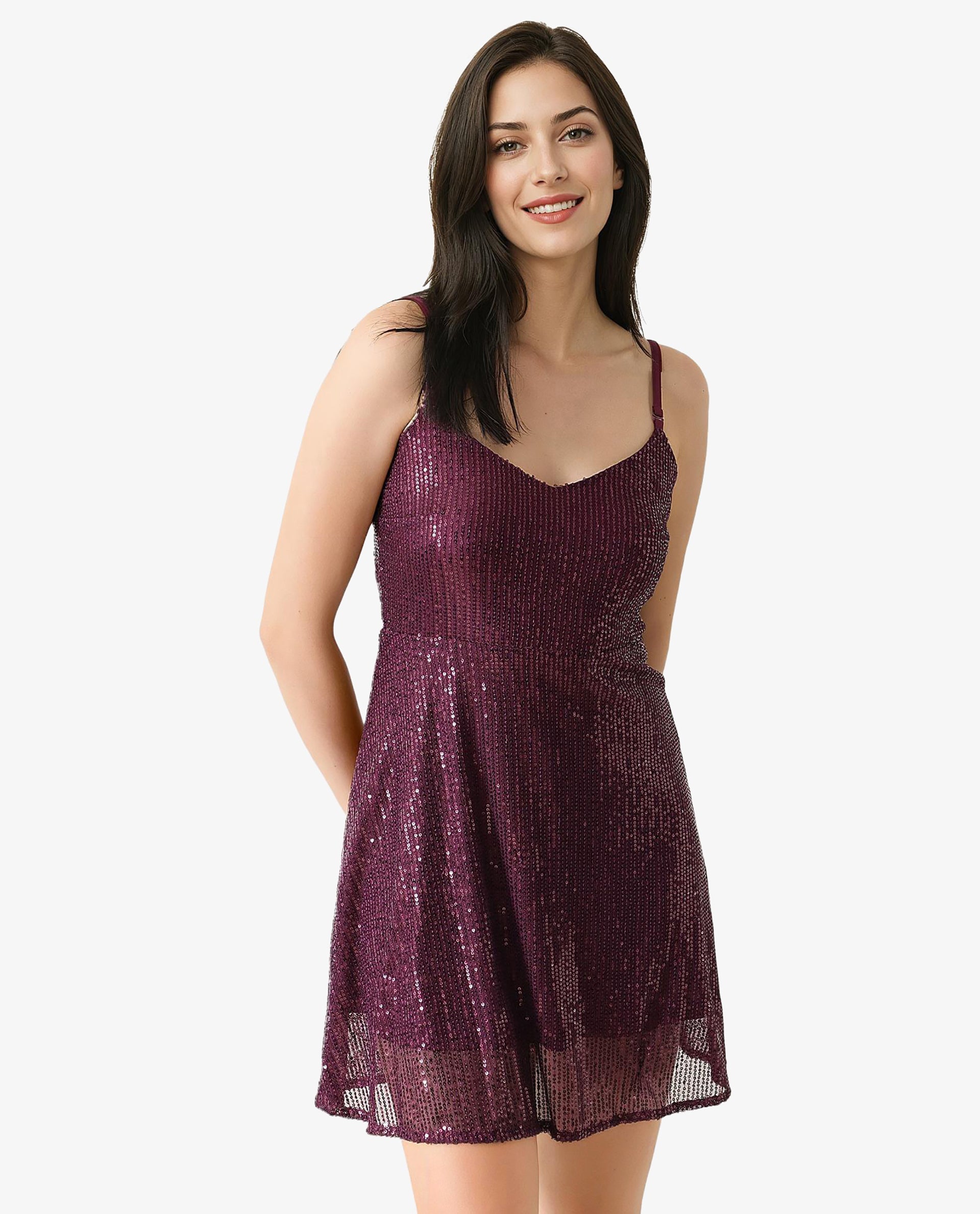 Rareism Women Lovez Dark Maroon V Neck Detachable Shoulder Pearl Straps Sequin Party Mini Dress
