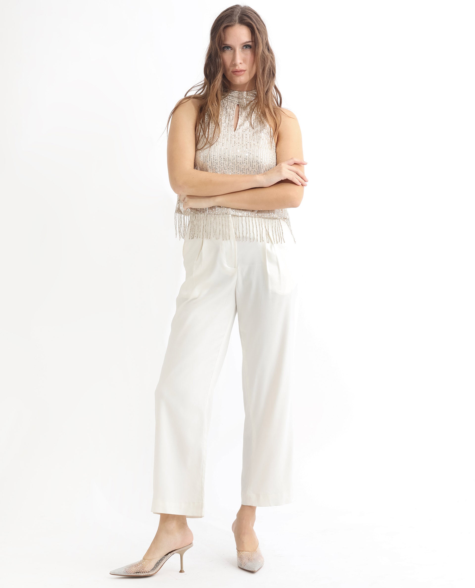 Rareism Women Lovia Beige Nylon Fabric Regular Fit Halter Neck Sleeveless Sequined Top