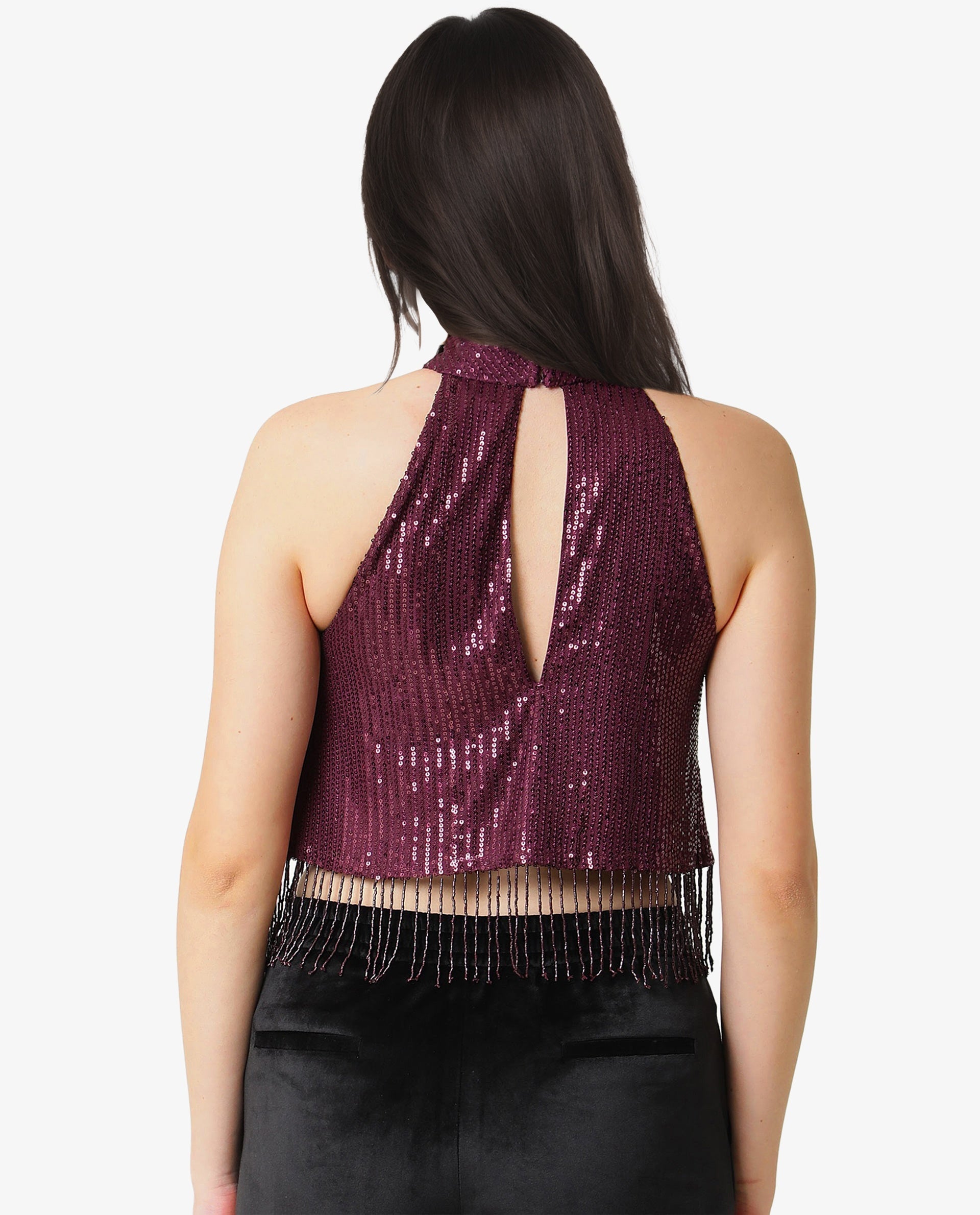 Rareism Women Lovia Dark Maroon Nylon Fabric Regular Fit Halter Neck Sleeveless Sequined Top