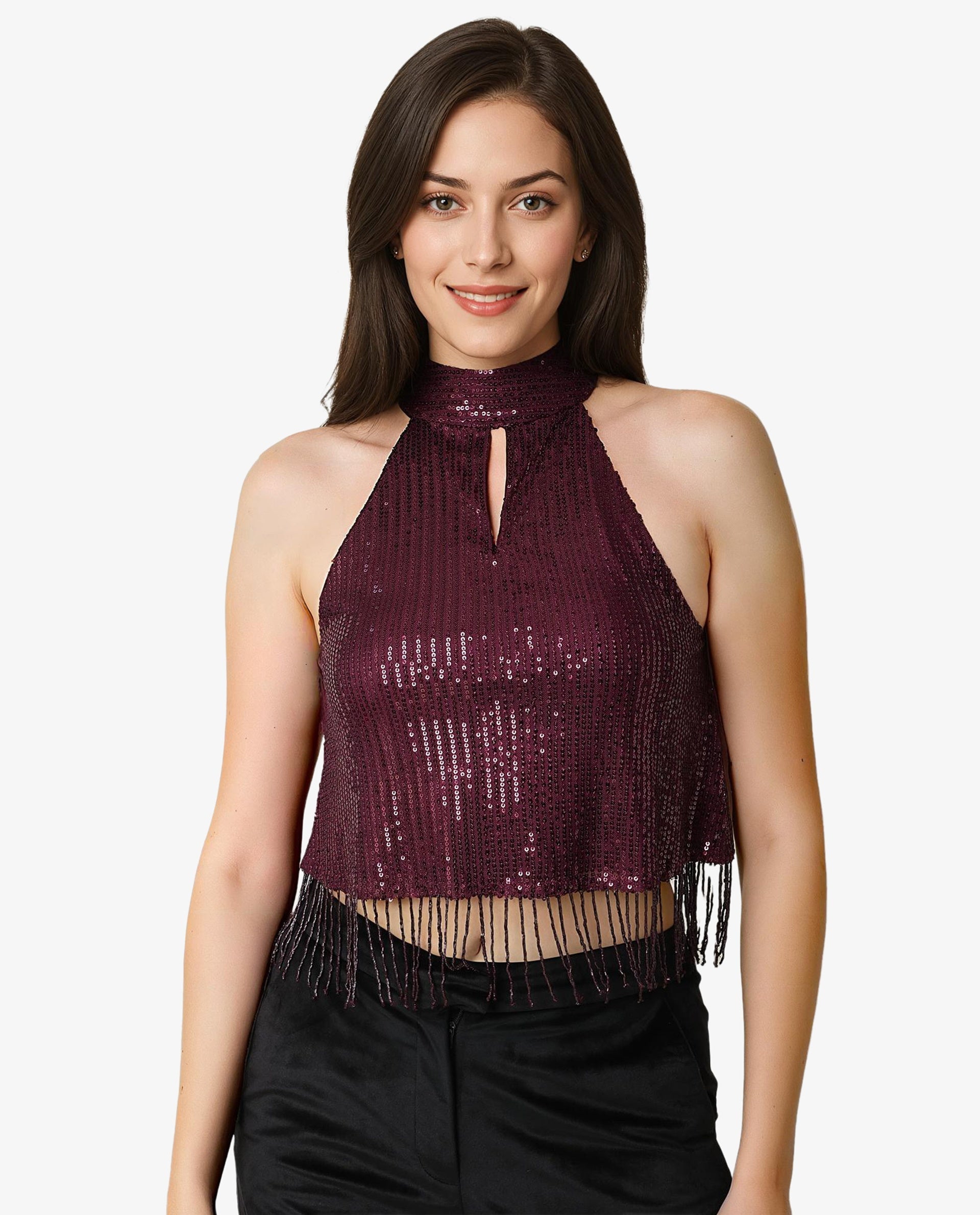 Rareism Women Lovia Dark Maroon Nylon Fabric Regular Fit Halter Neck Sleeveless Sequined Top