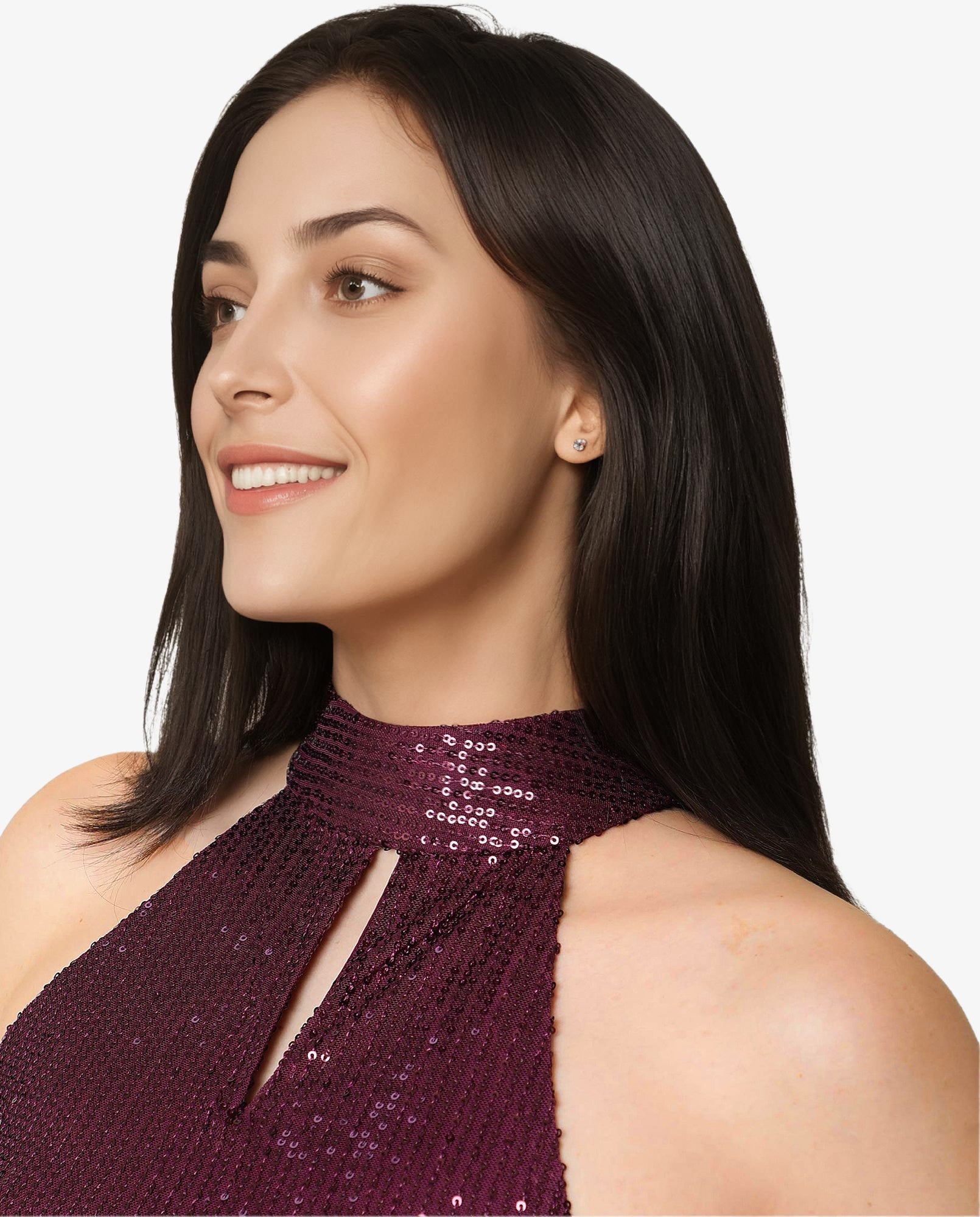 Rareism Women Lovia Dark Maroon Nylon Fabric Regular Fit Halter Neck Sleeveless Sequined Top