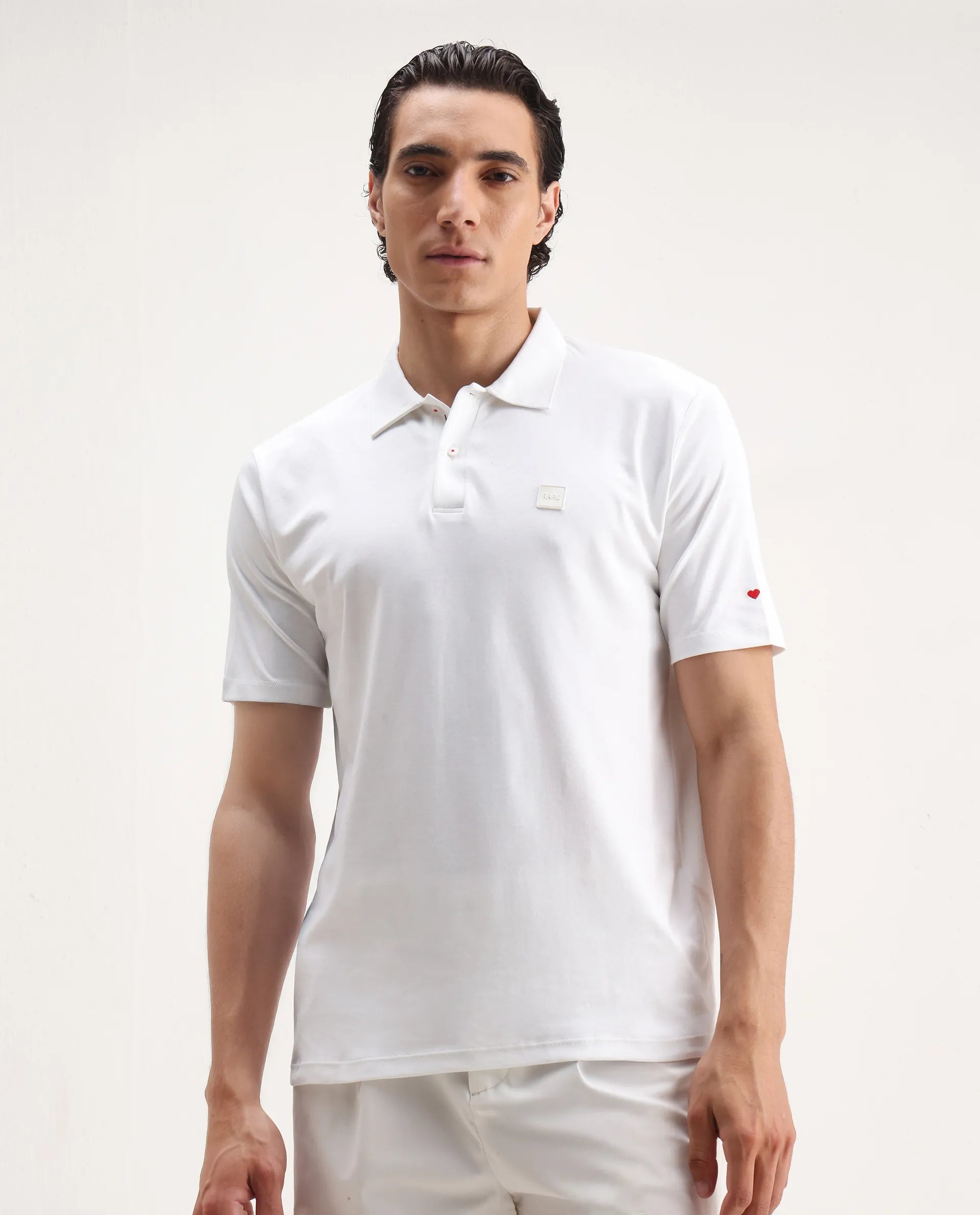 Rare Rabbit Men's Lov White Cotton Embroidered Regular Fit Half Sleeve Polo