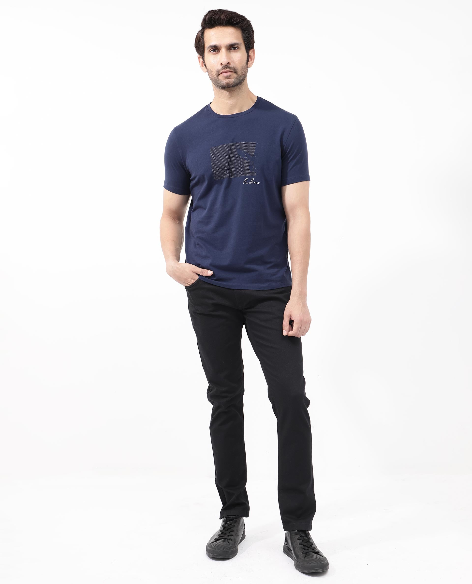 Rare Rabbit Articale Mens Lowell Navy Cotton Polyester Fabric Short Sleeve Crew Neck Regular Fit Graphic Printed T-Shirt