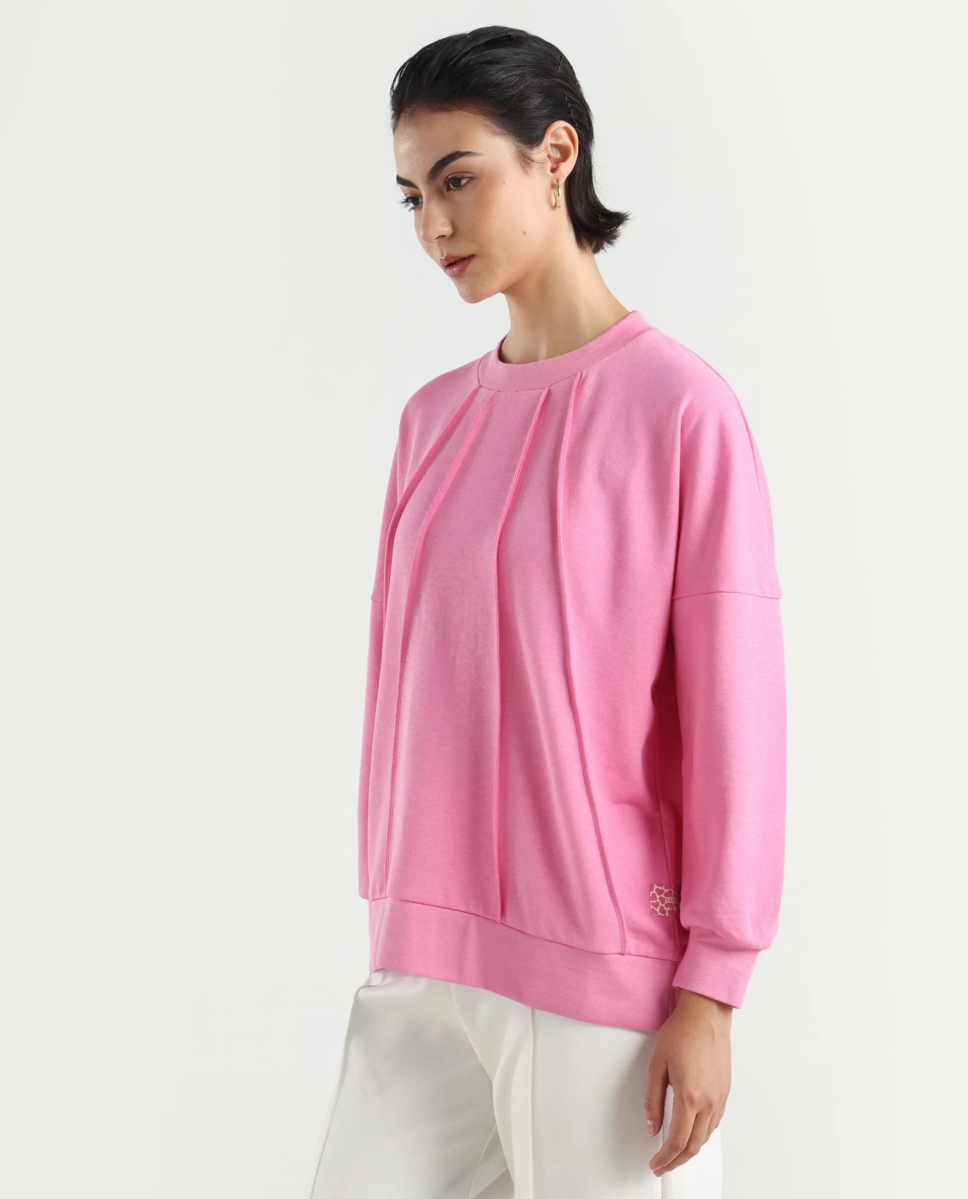 Rareism Women's Lowkey Dark Pink Cotton Blend Crew Neck Plain Relaxed Fit Sweatshirt