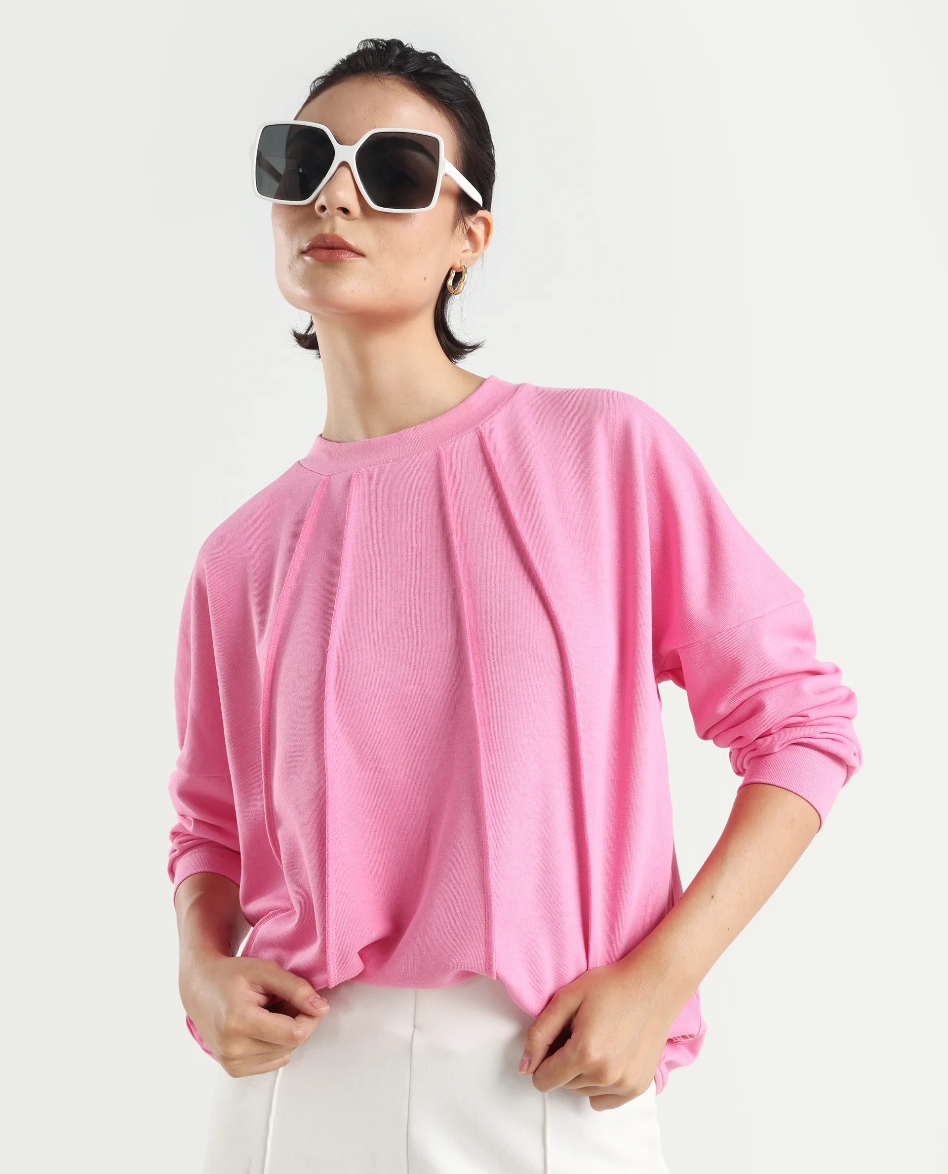 Rareism Women's Lowkey Dark Pink Cotton Blend Crew Neck Plain Relaxed Fit Sweatshirt