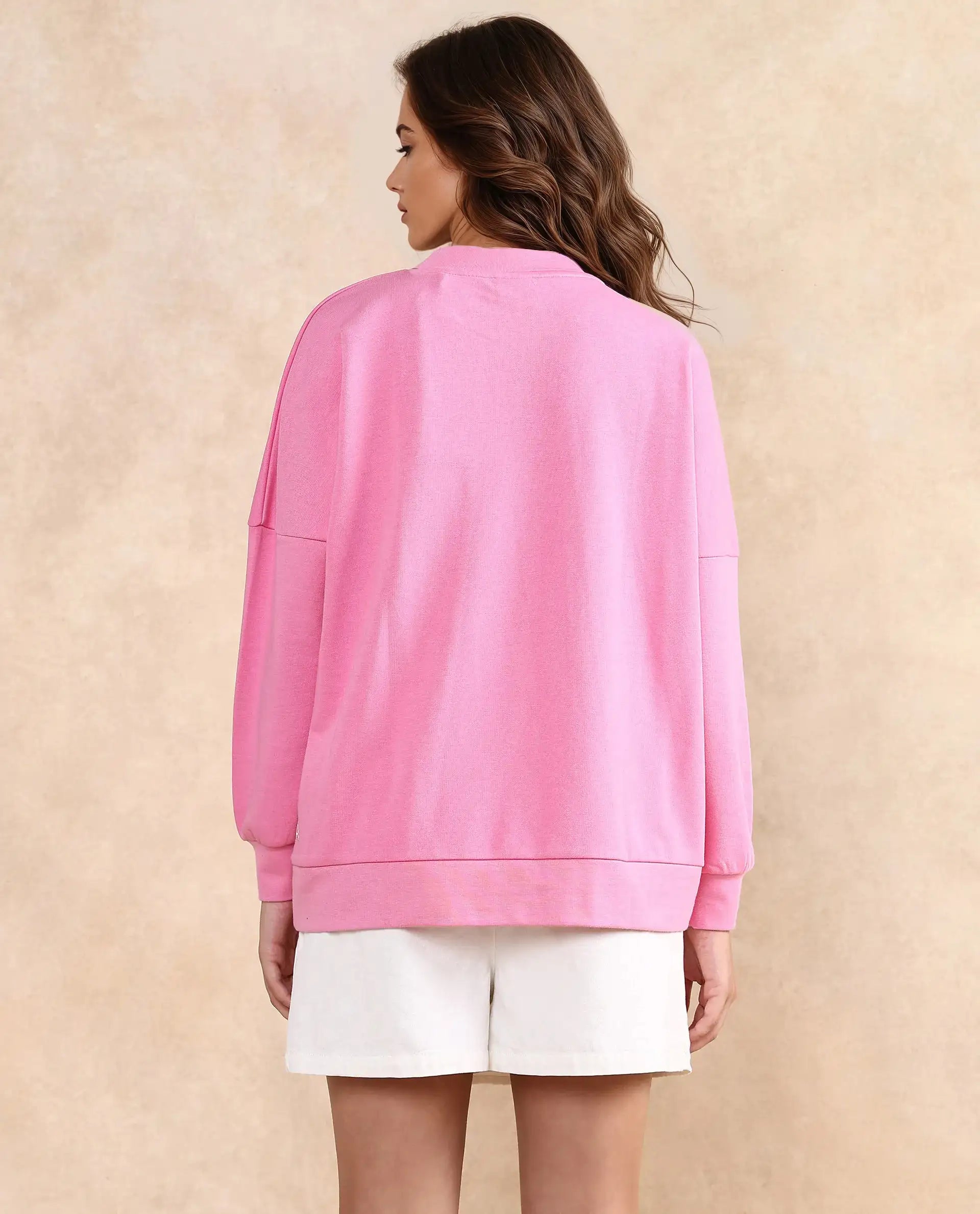 Rareism Women Lowkey Dark Pink Cotton Blend Fabric Full Sleeve Crew Neck Relaxed Fit Plain Sweatshirt