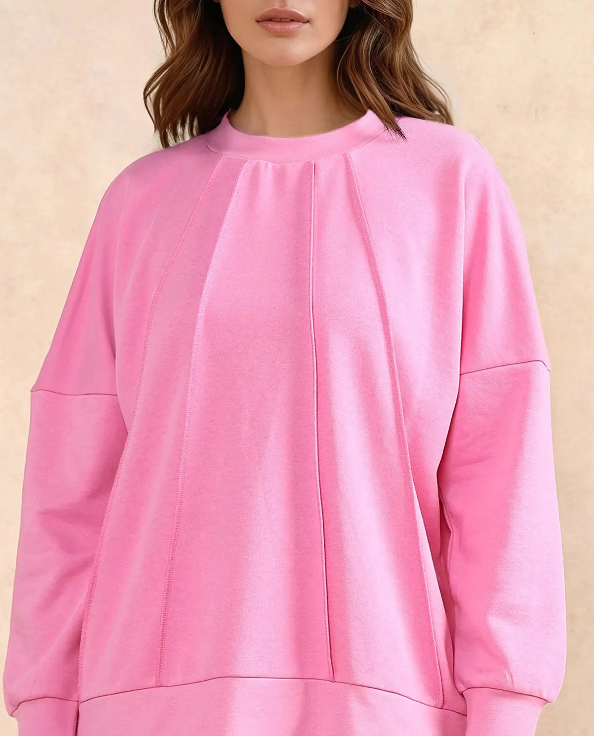 Rareism Women Lowkey Dark Pink Cotton Blend Fabric Full Sleeve Crew Neck Relaxed Fit Plain Sweatshirt