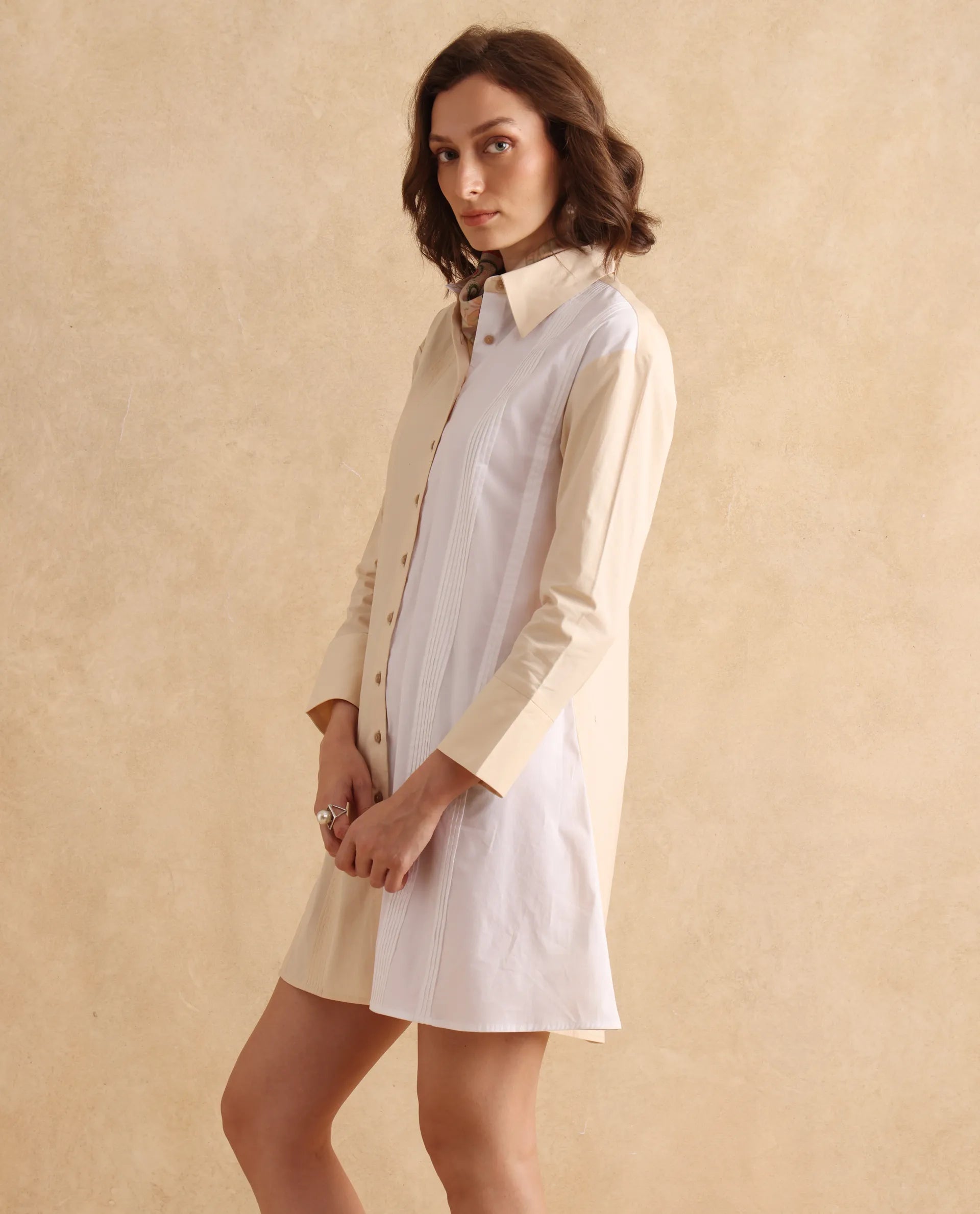 Rareism Women's Loibx White & Beige Cotton Fabric Collared Neck Button Closure Cuffed Sleeve Color Block Straight Fit Mini Dress