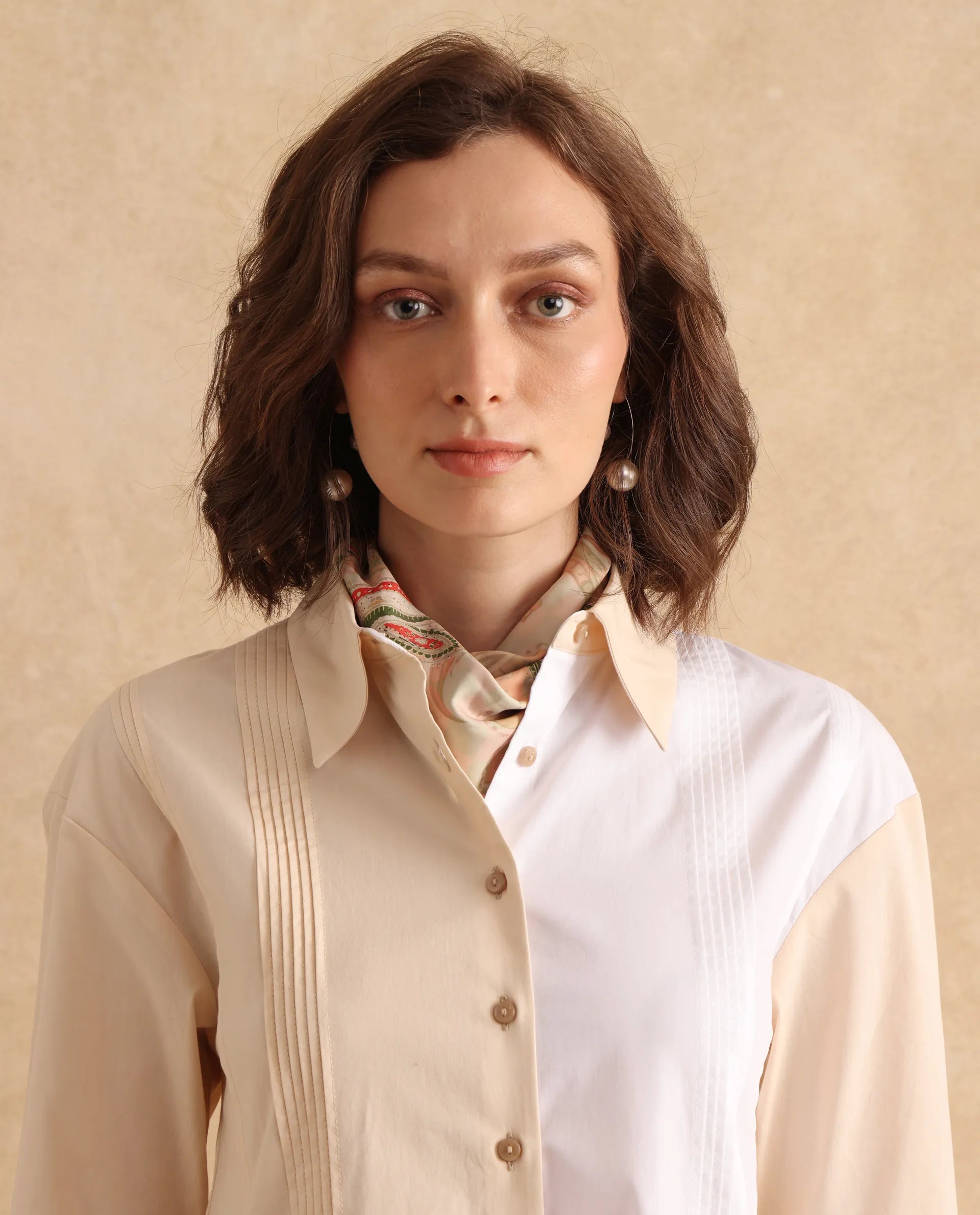 Rareism Women's Loibx White & Beige Cotton Fabric Collared Neck Button Closure Cuffed Sleeve Color Block Straight Fit Mini Dress