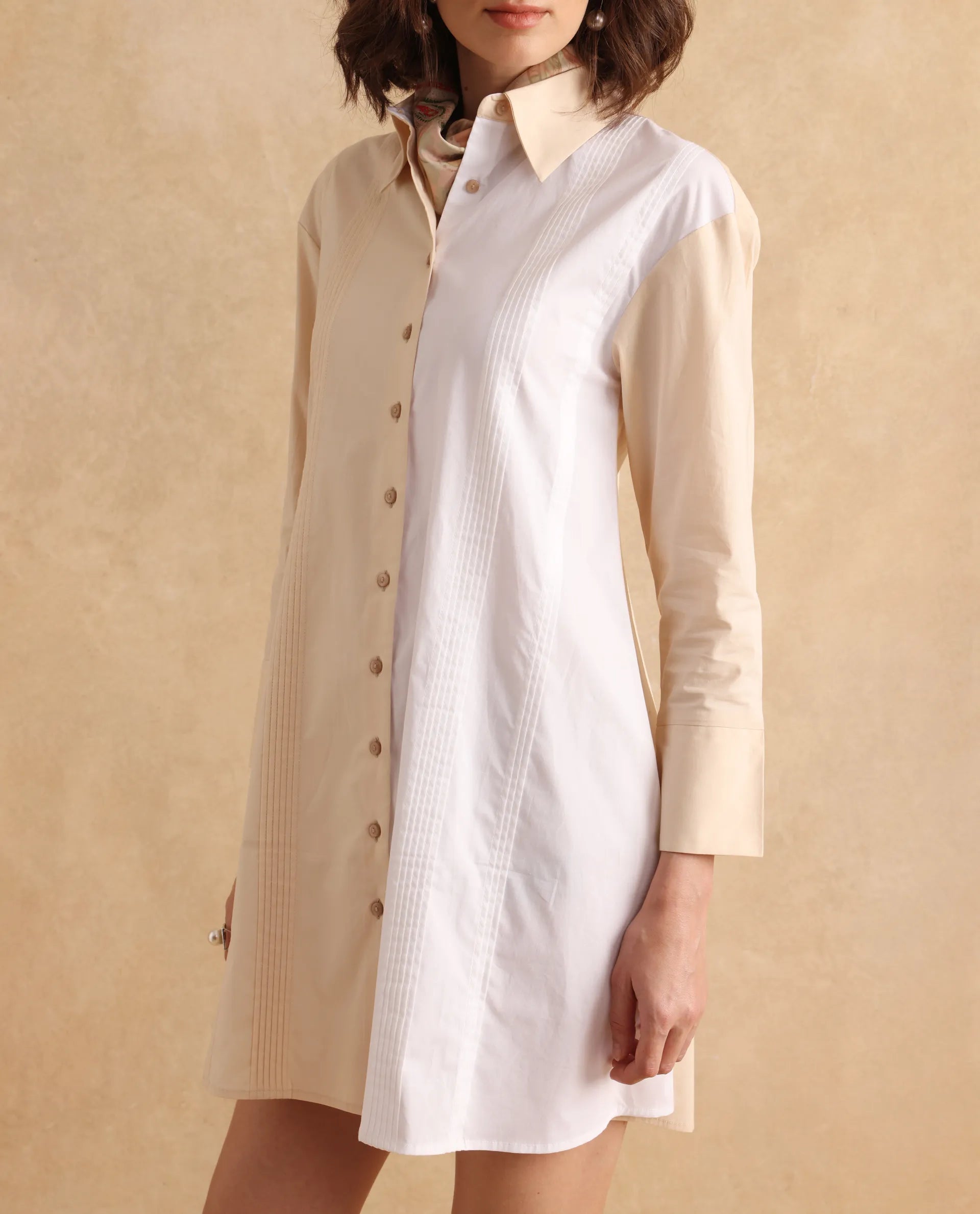 Rareism Women's Loibx White & Beige Cotton Fabric Collared Neck Button Closure Cuffed Sleeve Color Block Straight Fit Mini Dress