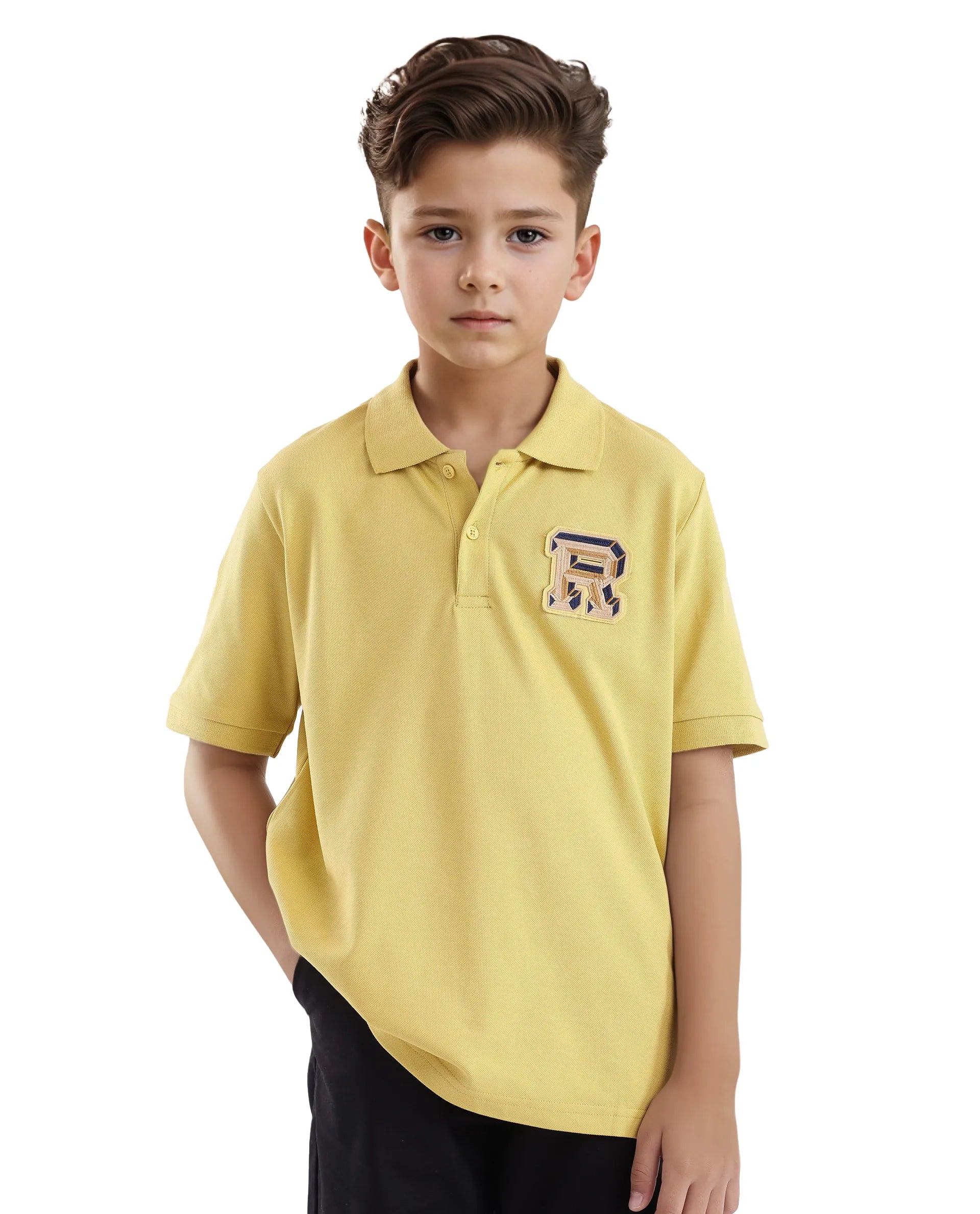 Rare Ones Kids Luan Flouroscent Yellow Cotton Short Sleeve Applique Print Polo