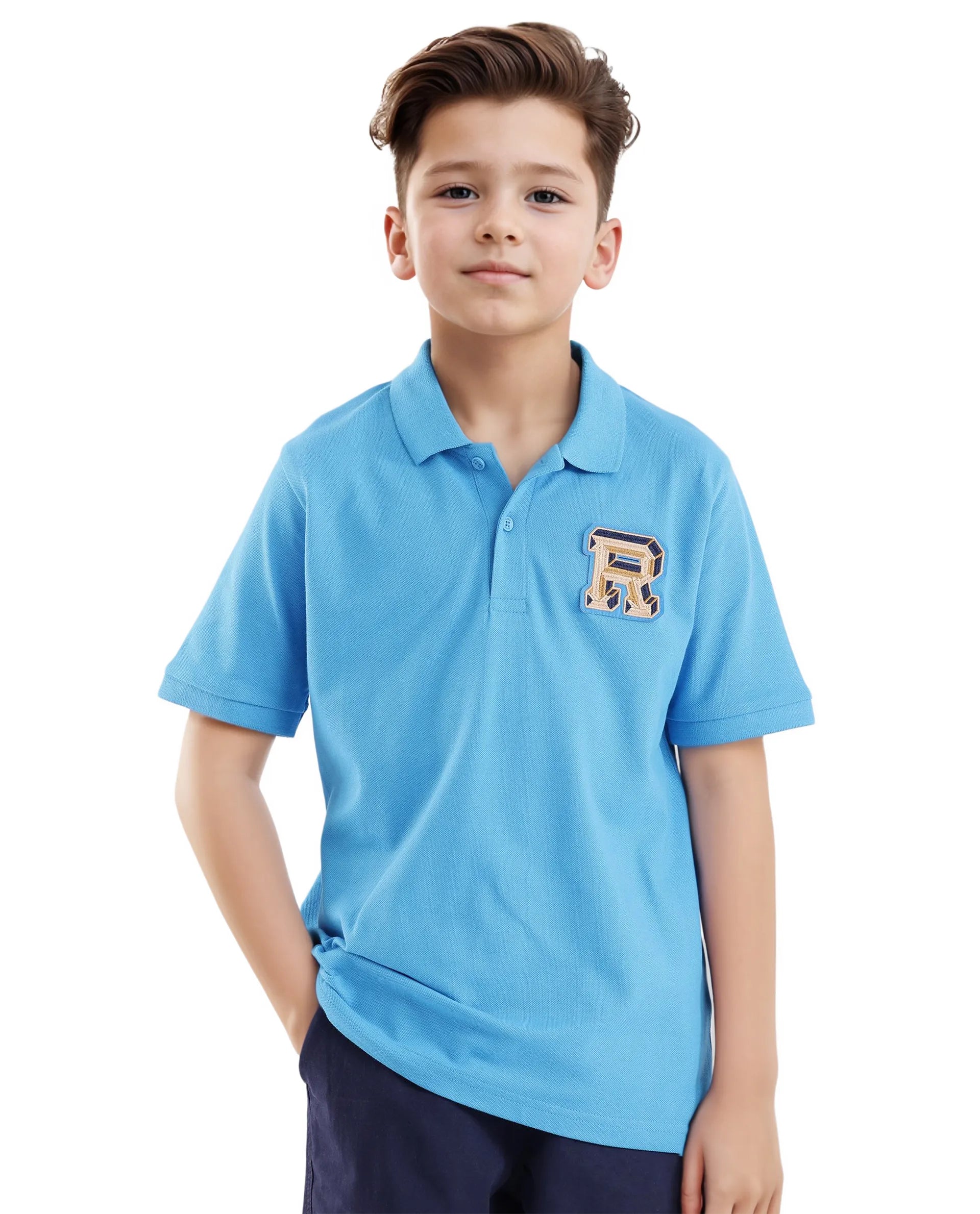 Rare Ones Kids Luan Light Blue Cotton Short Sleeve Applique Print Polo
