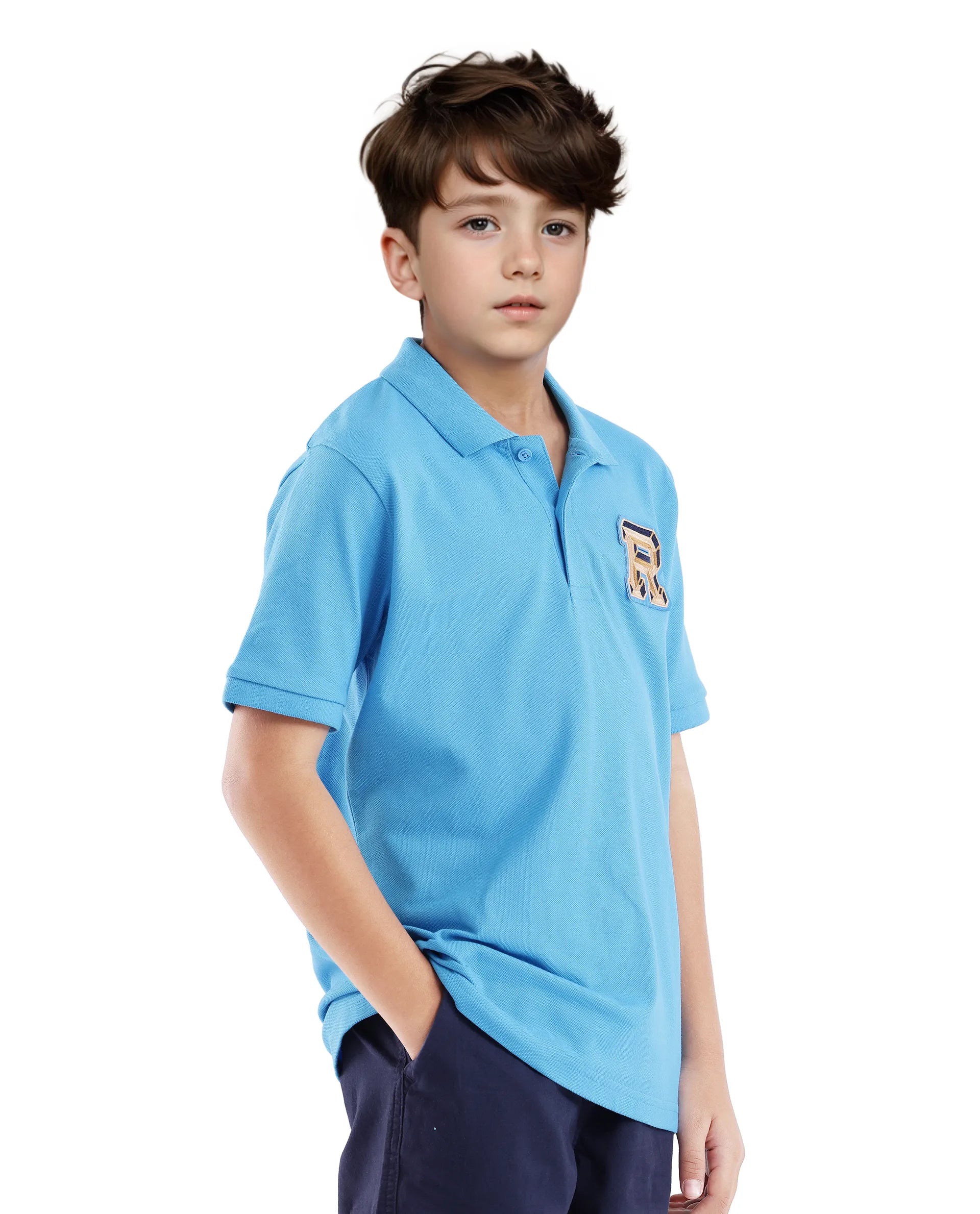 Rare Ones Kids Luan Light Blue Cotton Short Sleeve Applique Print Polo