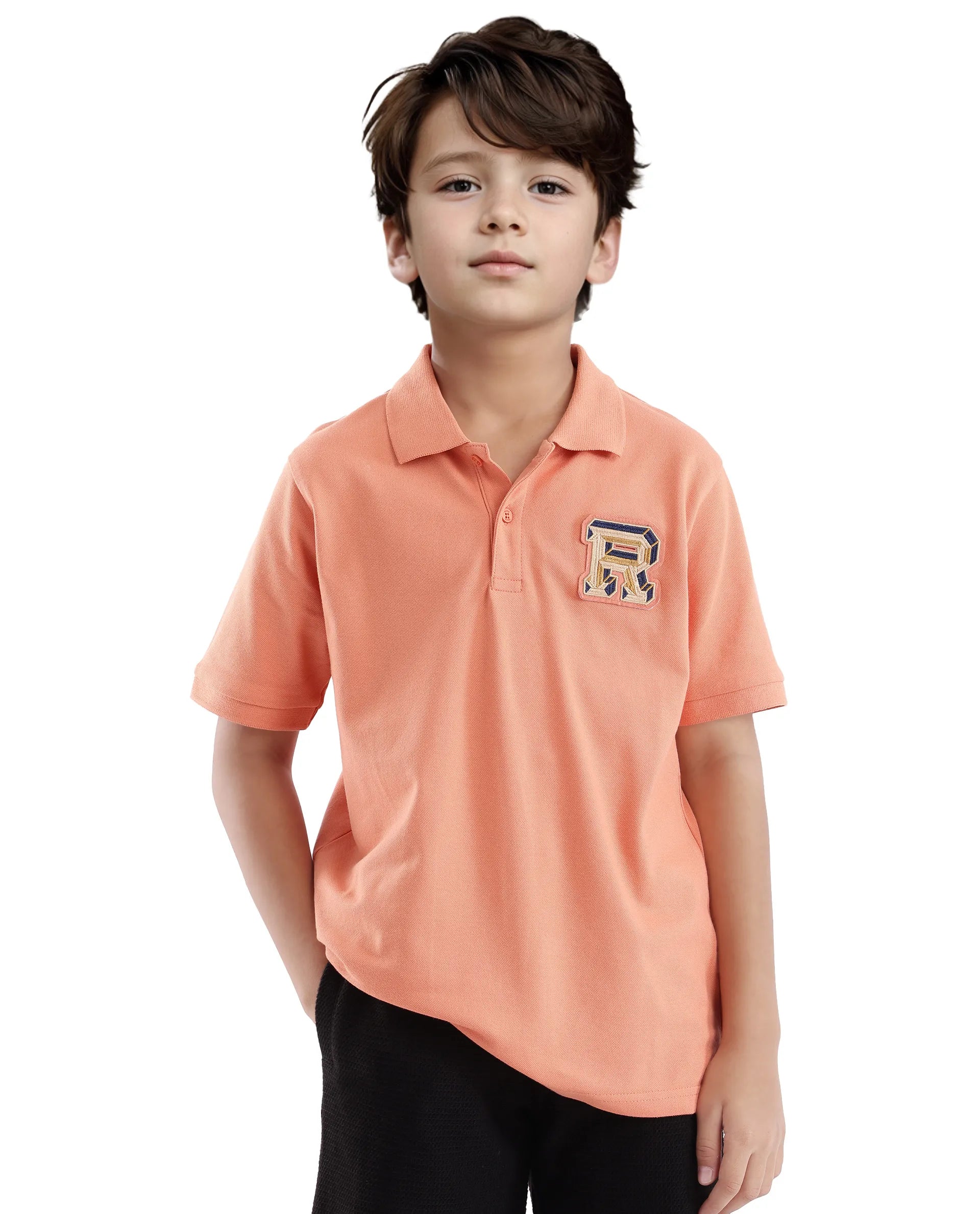 Rare Ones Kids Luan Light Orange Cotton Short Sleeve Applique Polo