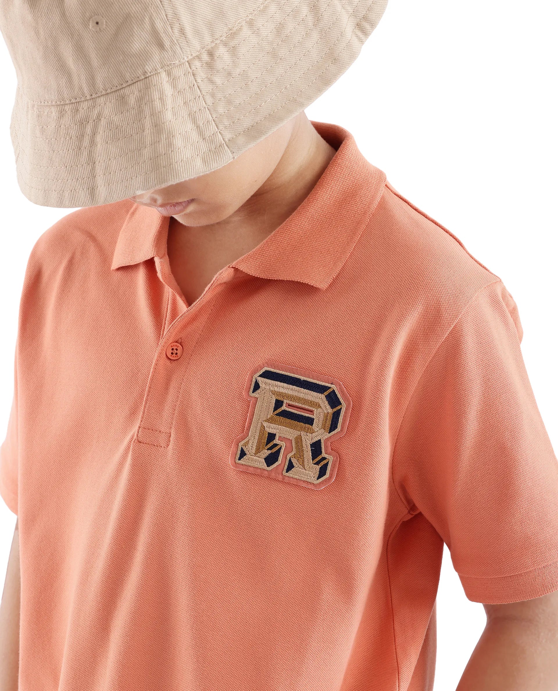 Rare Ones Kids Luan Light Orange Cotton Short Sleeve Applique Polo
