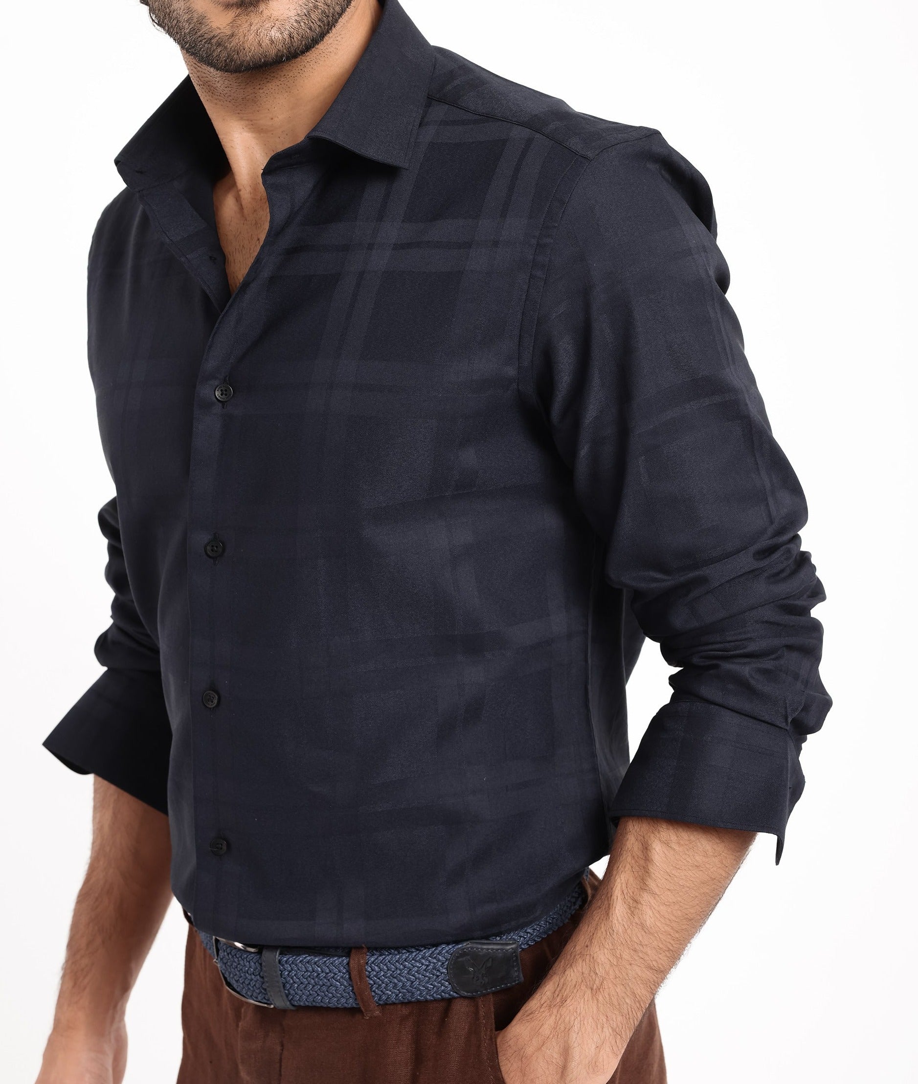 Rare Rabbit Men's Lubin Navy Cotton Polyester Fabric Full Sleeve Regular Fit Tonal Checks Shirt