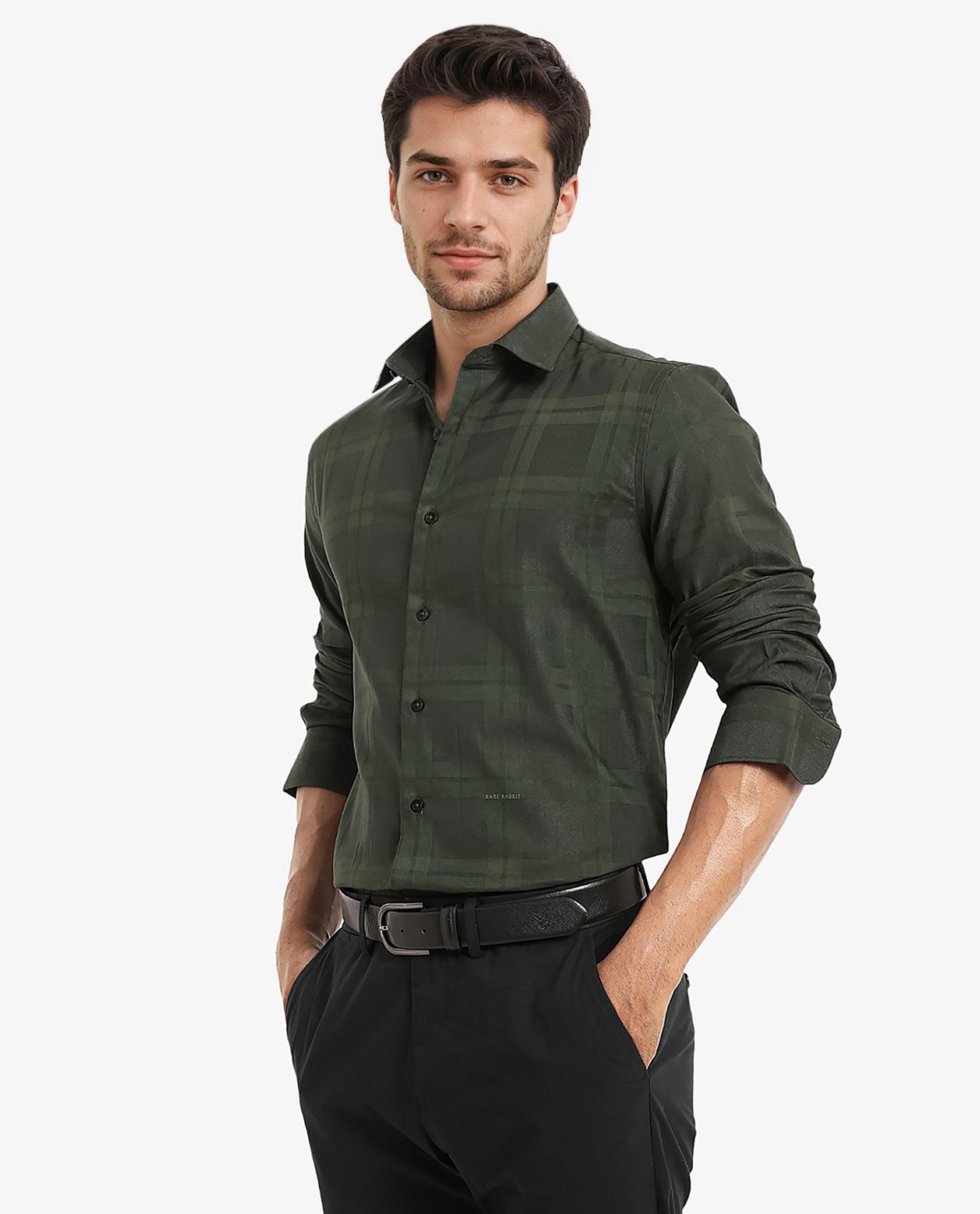 Rare Rabbit Men's Lubin Dark Green Cotton Polyester Fabric Full Sleeve Regular Fit Tonal Checks Shirt