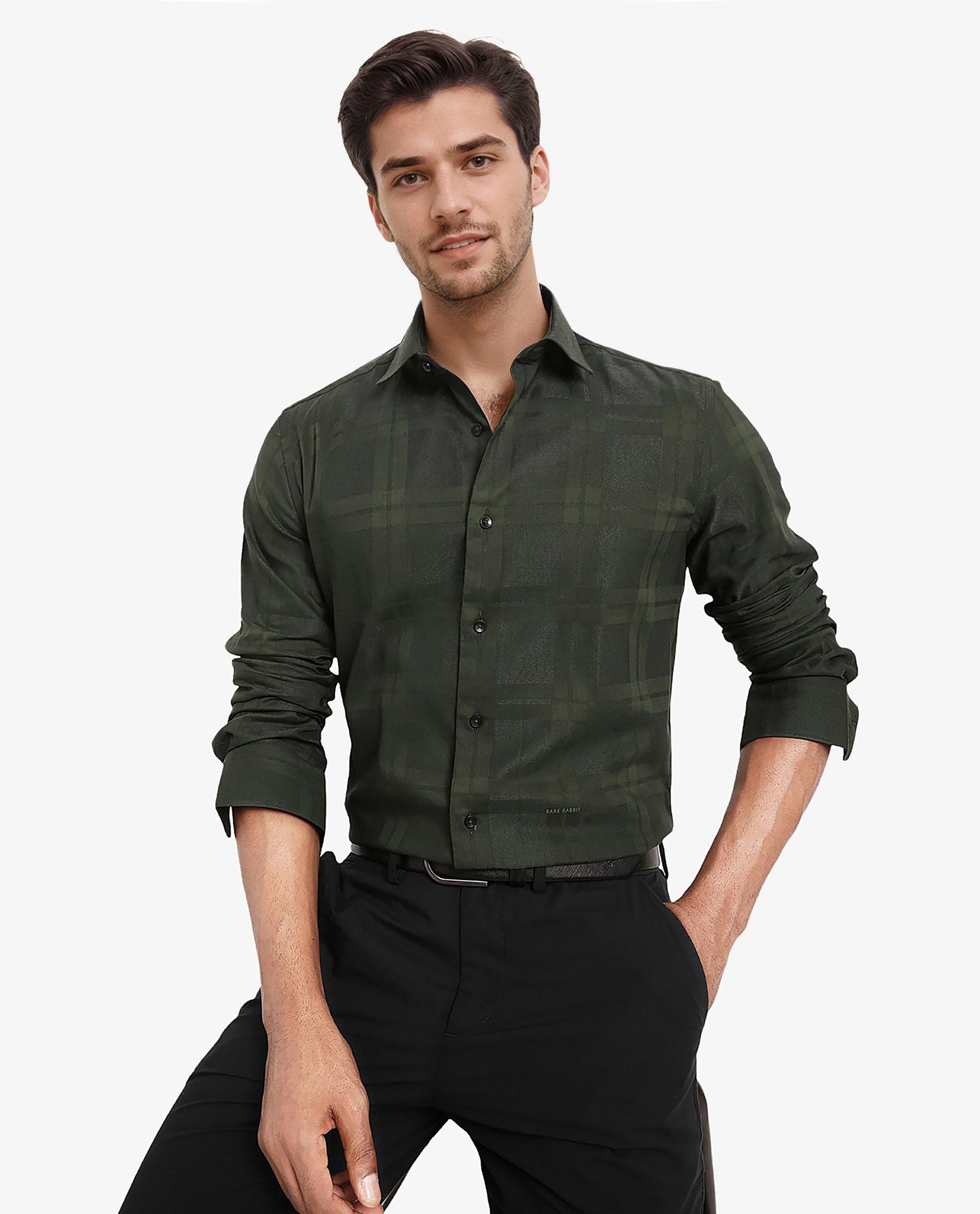 Rare Rabbit Men's Lubin Dark Green Cotton Polyester Fabric Full Sleeve Regular Fit Tonal Checks Shirt