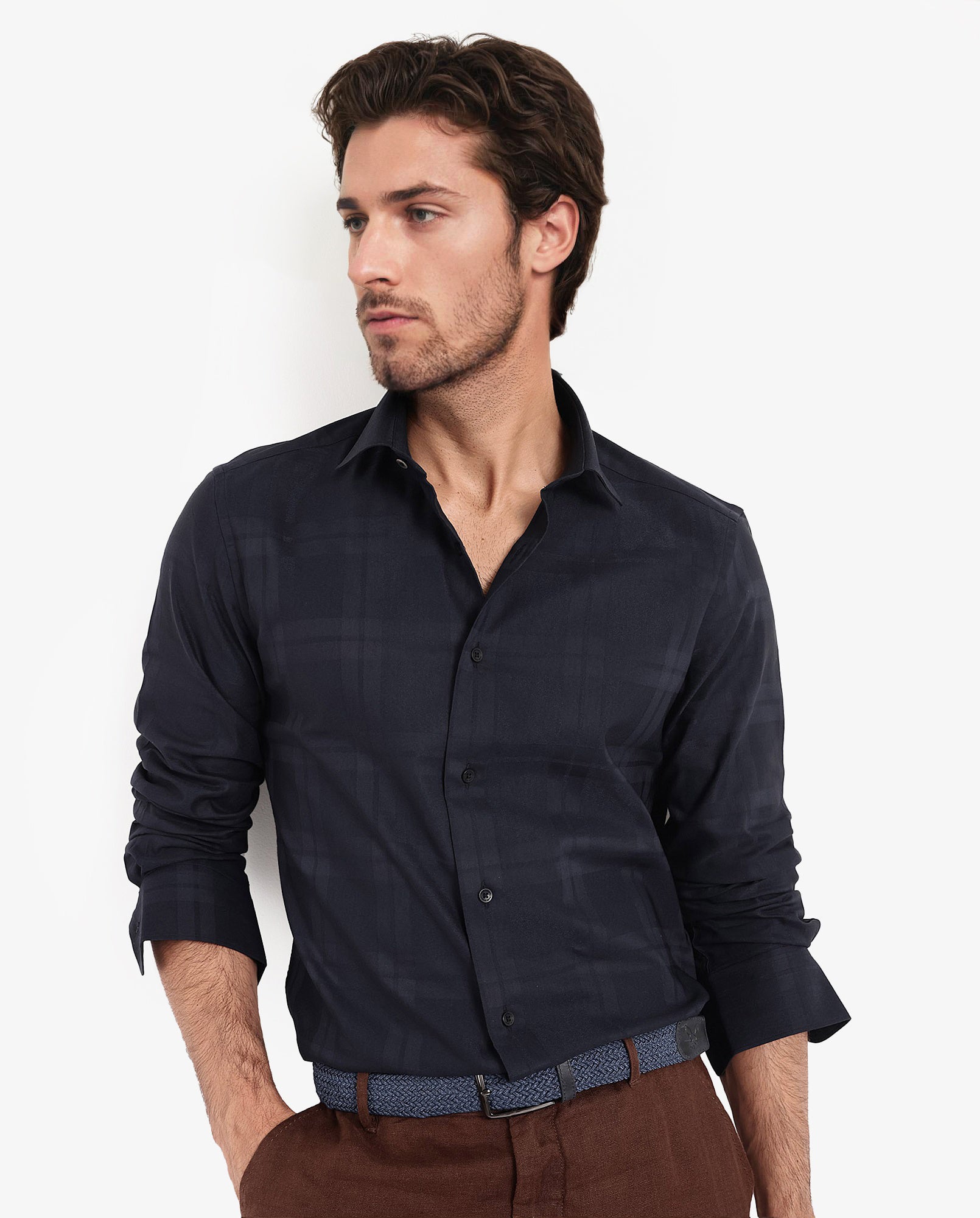 Rare Rabbit Men's Lubin Navy Cotton Polyester Fabric Full Sleeve Regular Fit Tonal Checks Shirt