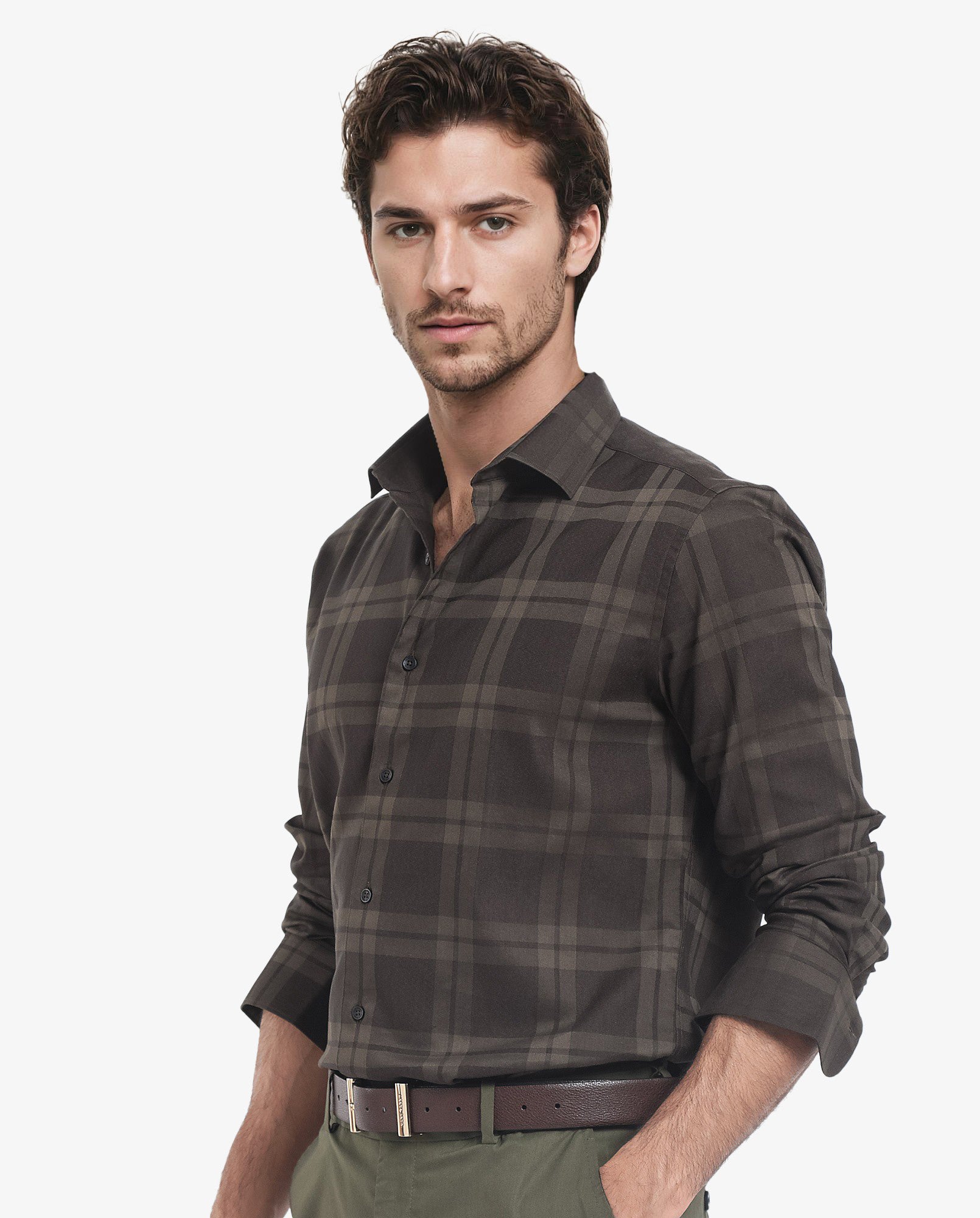 Rare Rabbit Men's Lubin Olive Cotton Polyester Fabric Full Sleeve Regular Fit Tonal Checks Shirt