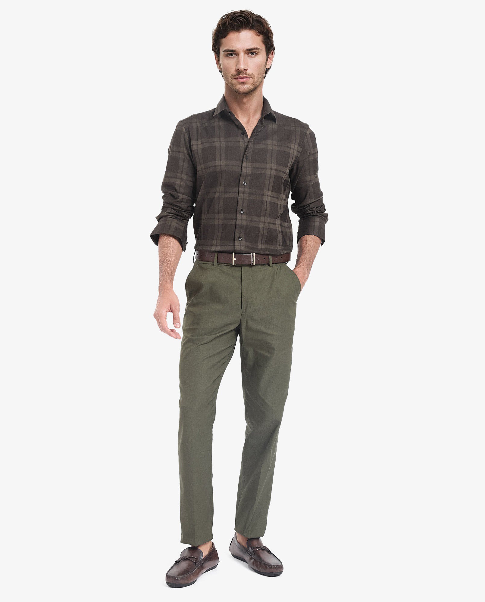 Rare Rabbit Men's Lubin Olive Cotton Polyester Fabric Full Sleeve Regular Fit Tonal Checks Shirt