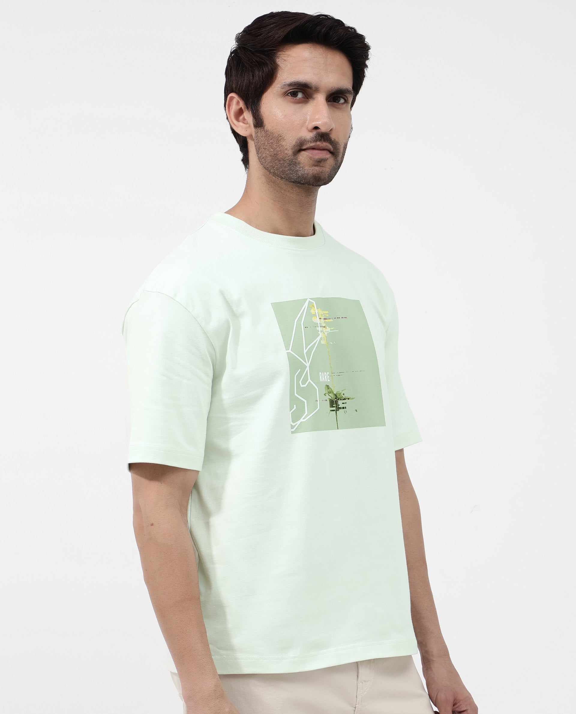 Rare Rabbit Articale Mens Luca Pastel Green Cotton Polyester Fabric Short Sleeve Crew Neck Oversized Fit Graphic Printed T-Shirt