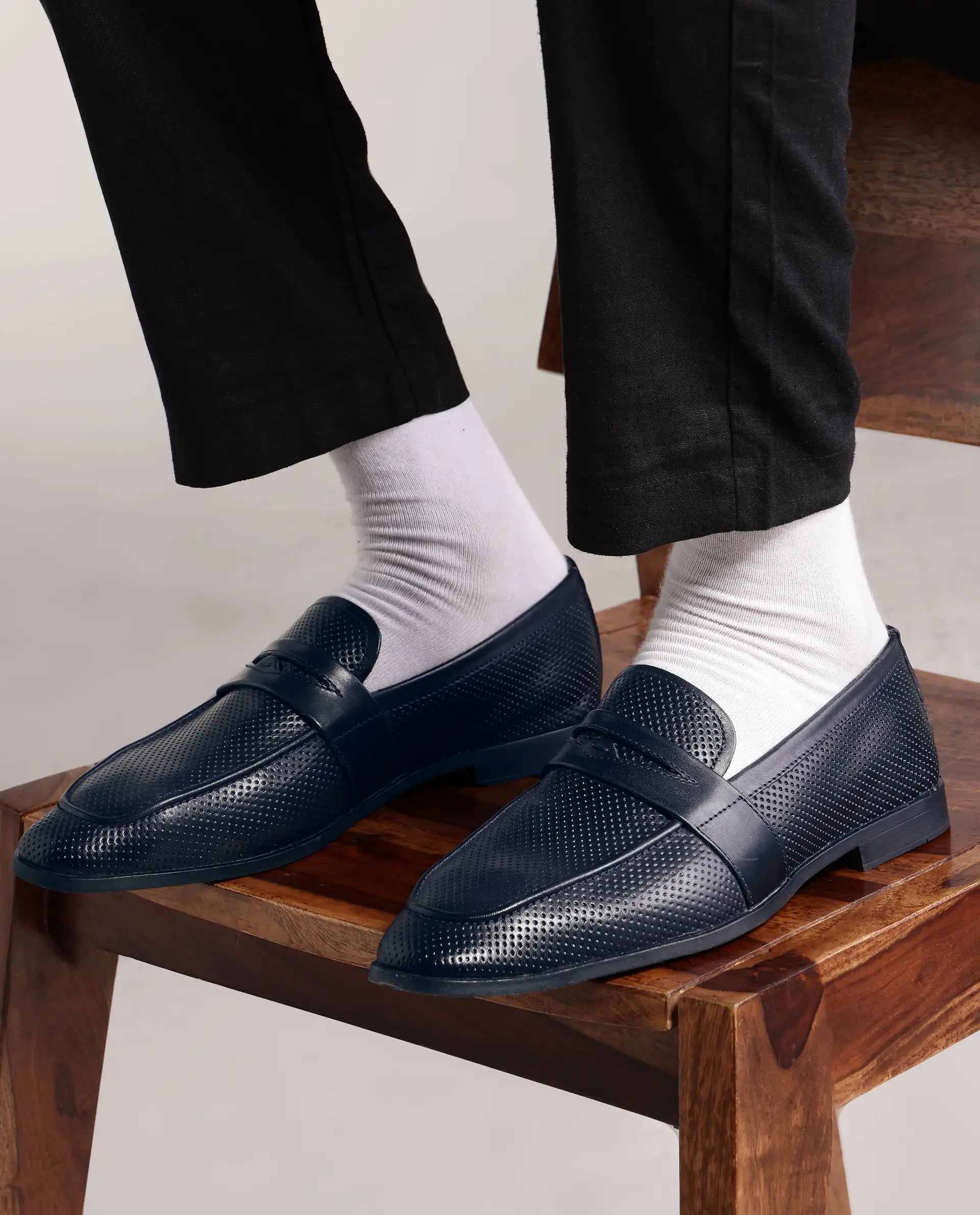 Rarez Men's Lucent Navy Leather Fabric Mocassin