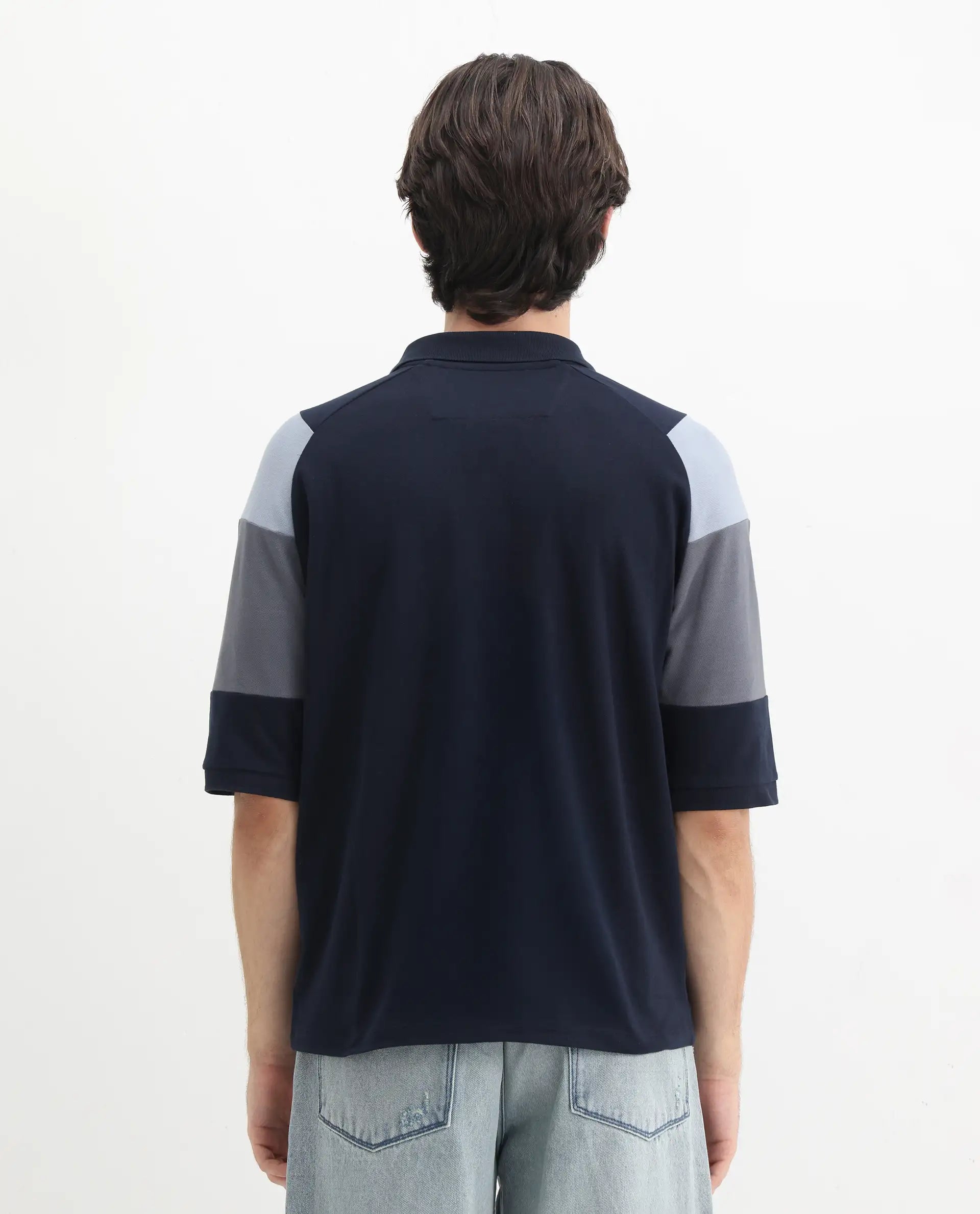 Rare Rabbit Men's Lucid Navy Cotton Blend Cut And Sew Relaxed Fit Half Sleeve Polo