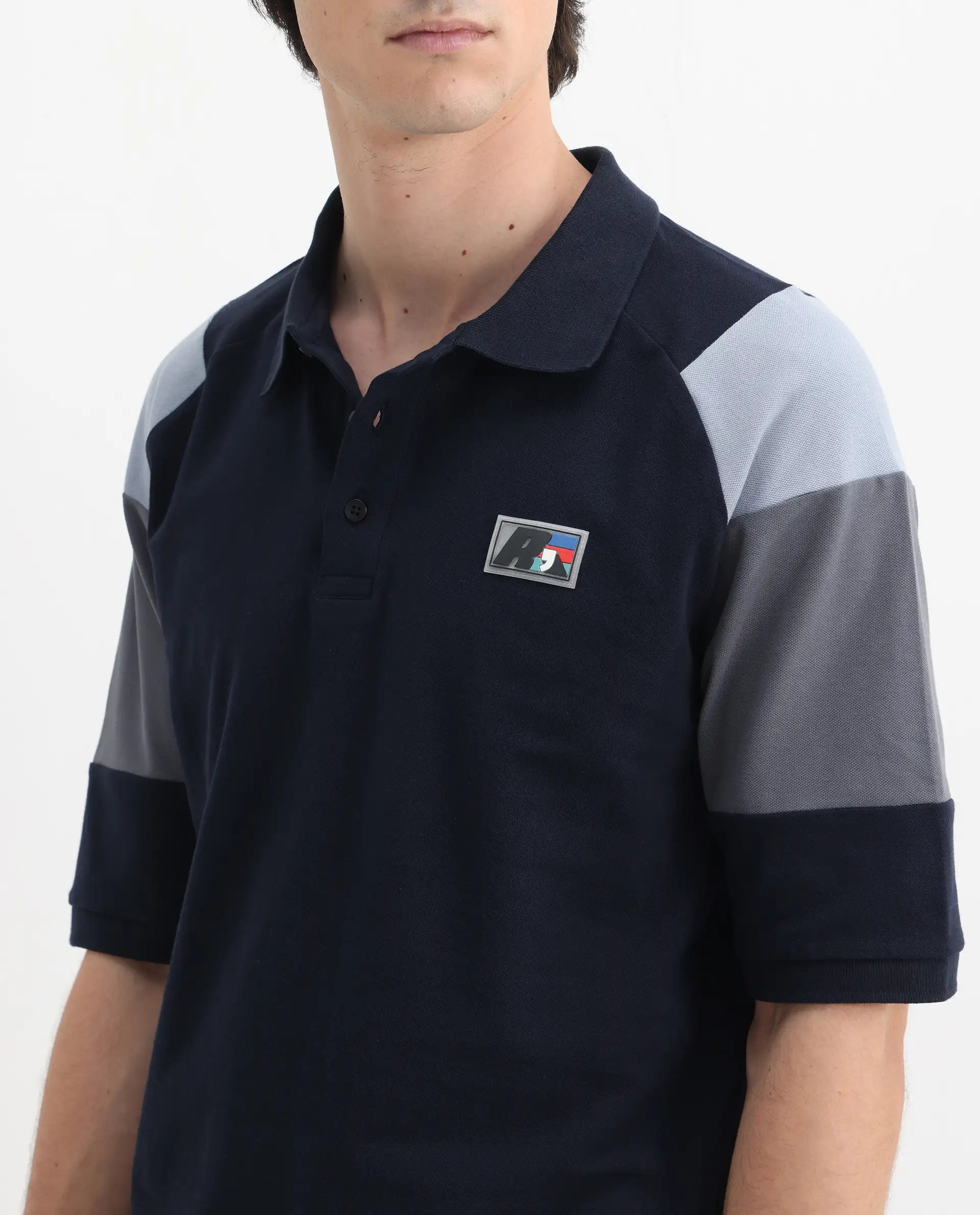 Rare Rabbit Men's Lucid Navy Cotton Blend Cut And Sew Relaxed Fit Half Sleeve Polo