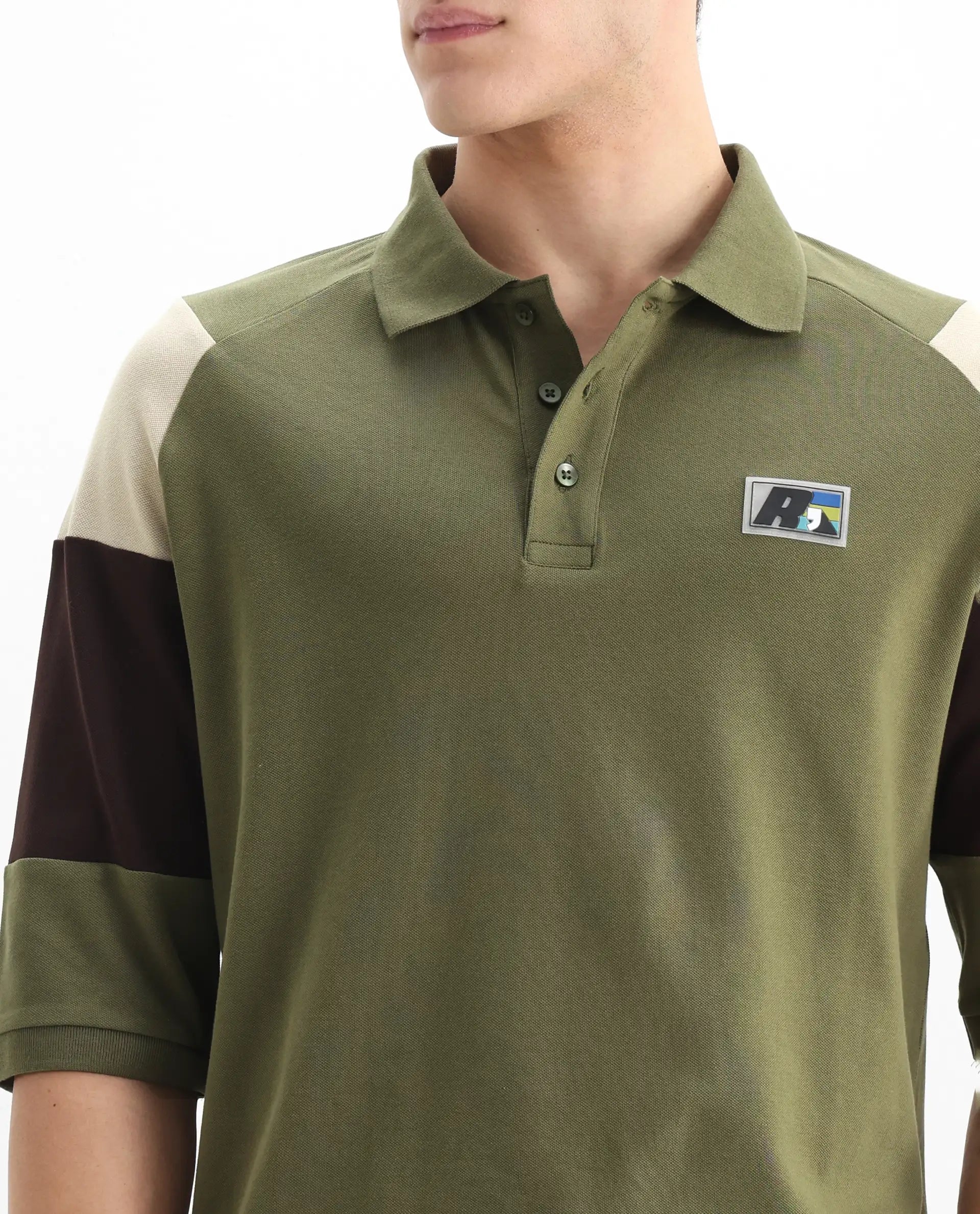 Rare Rabbit Men's Lucid Olive Cotton Blend Cut And Sew Relaxed Fit Half Sleeve Polo
