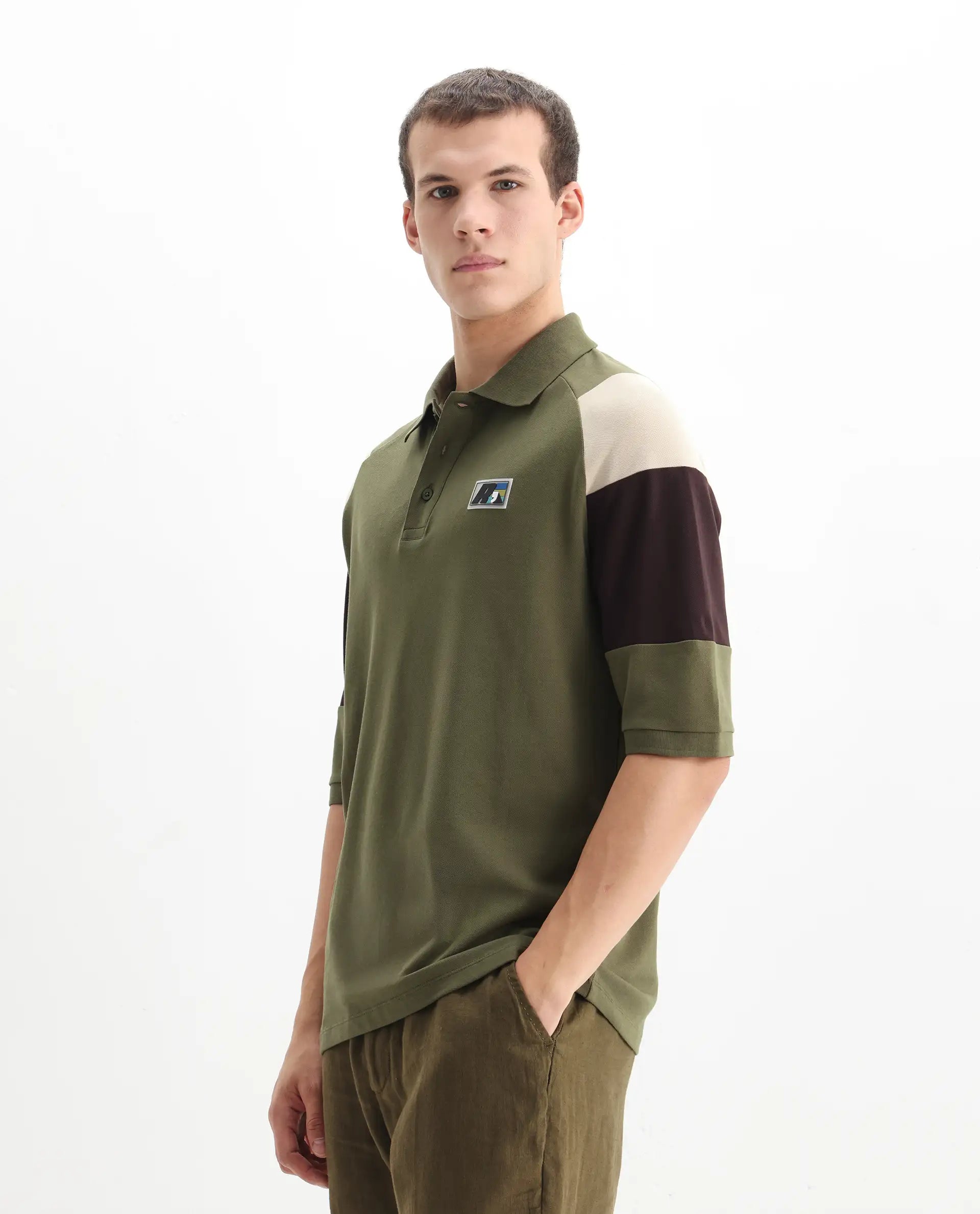 Rare Rabbit Men's Lucid Olive Cotton Blend Cut And Sew Relaxed Fit Half Sleeve Polo