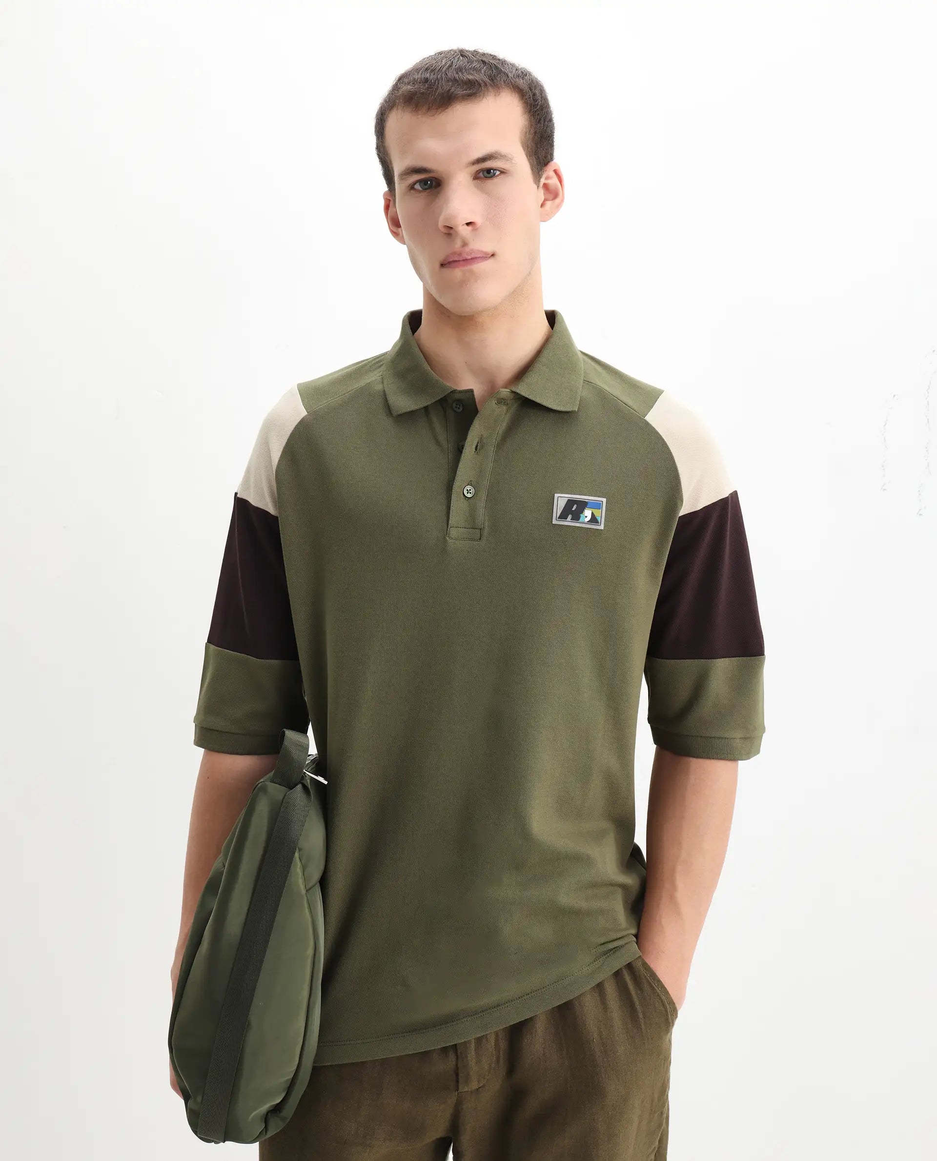Rare Rabbit Men's Lucid Olive Cotton Blend Cut And Sew Relaxed Fit Half Sleeve Polo