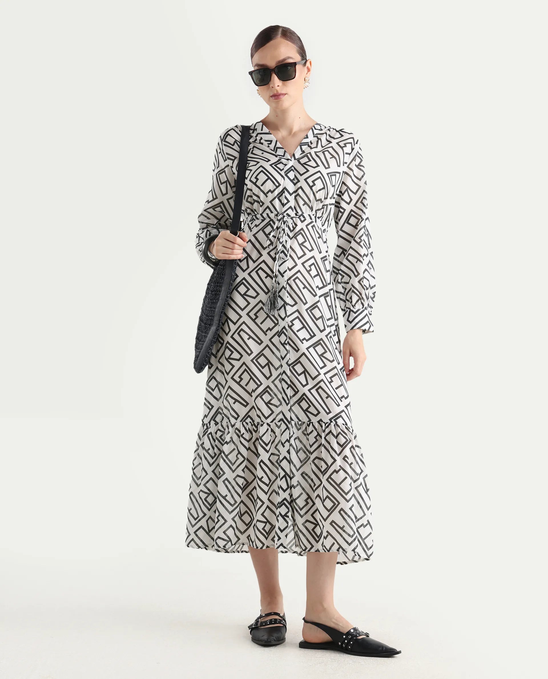 Rareism Women's Lucinda Light Beige Cotton V-Neck Monogram Print Cuffed Sleeve Maxi Regular Fit Shrug