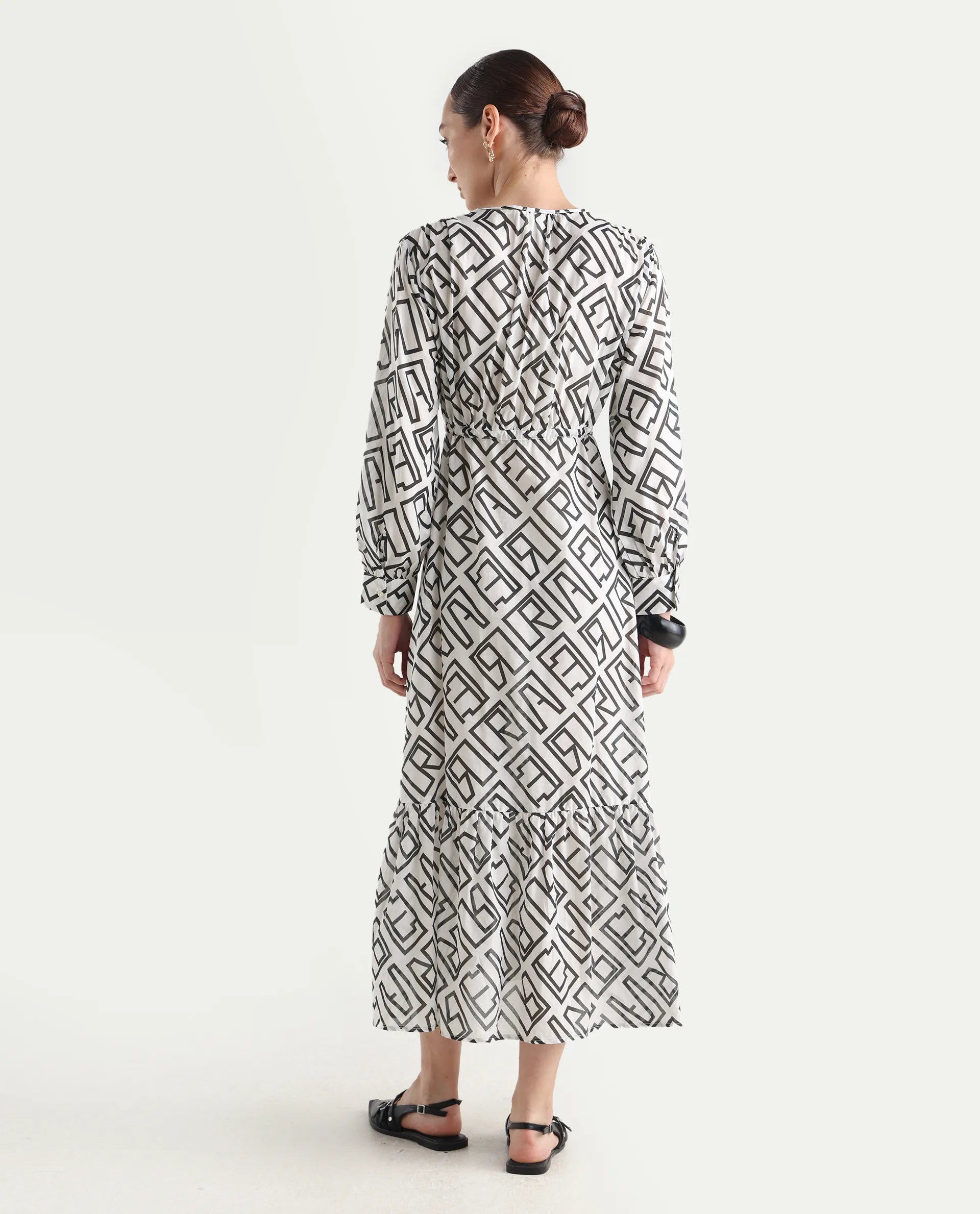 Rareism Women's Lucinda Light Beige Cotton V-Neck Monogram Print Cuffed Sleeve Maxi Regular Fit Shrug