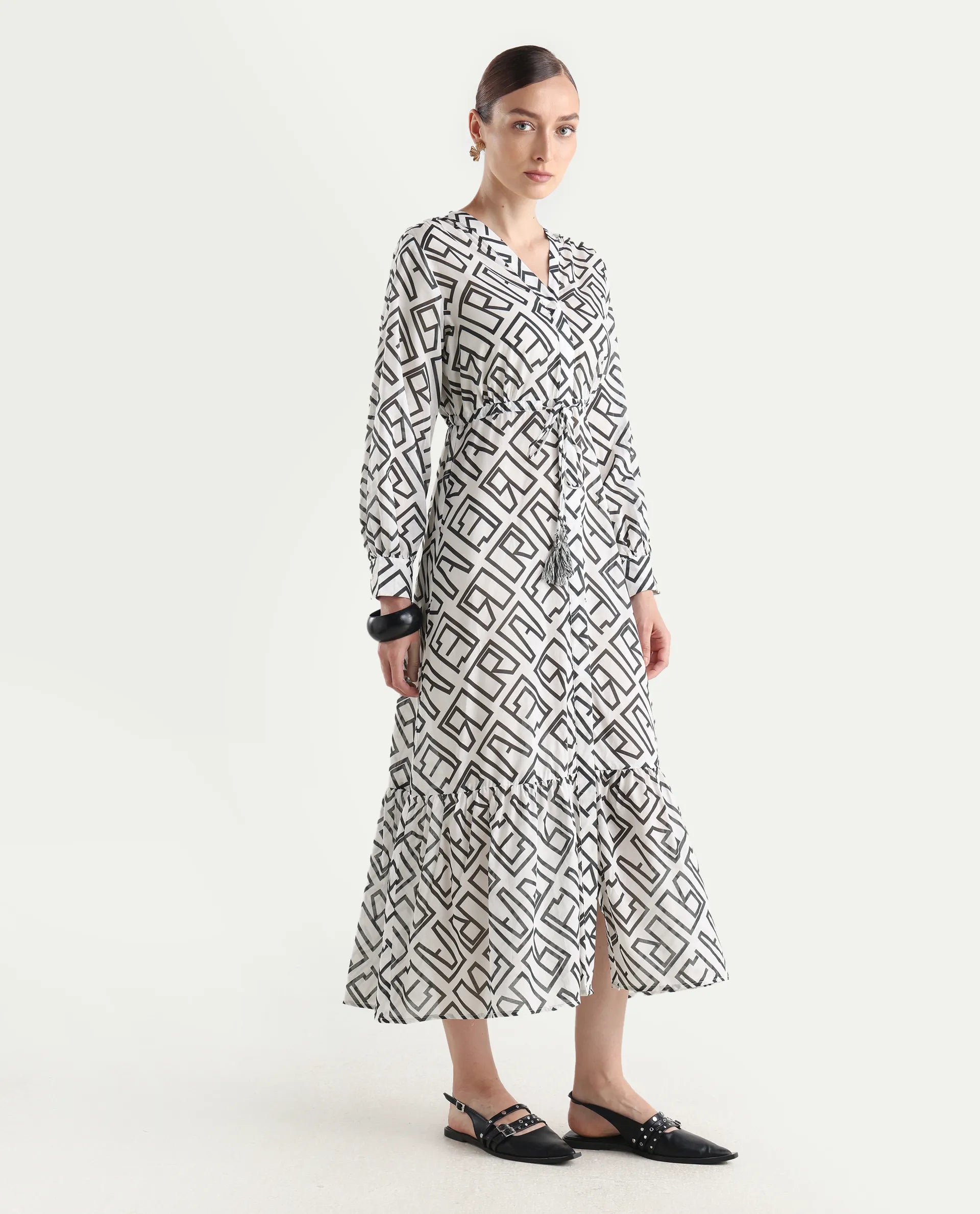 Rareism Women's Lucinda Light Beige Cotton V-Neck Monogram Print Cuffed Sleeve Maxi Regular Fit Shrug