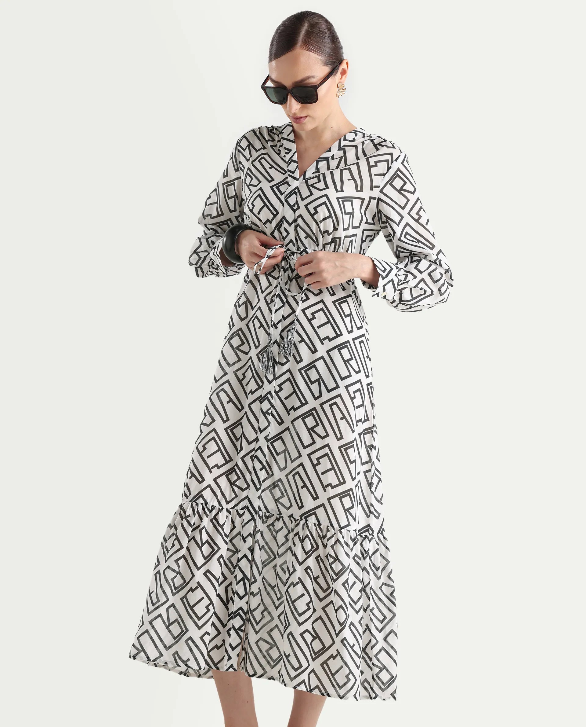 Rareism Women's Lucinda Light Beige Cotton V-Neck Monogram Print Cuffed Sleeve Maxi Regular Fit Shrug