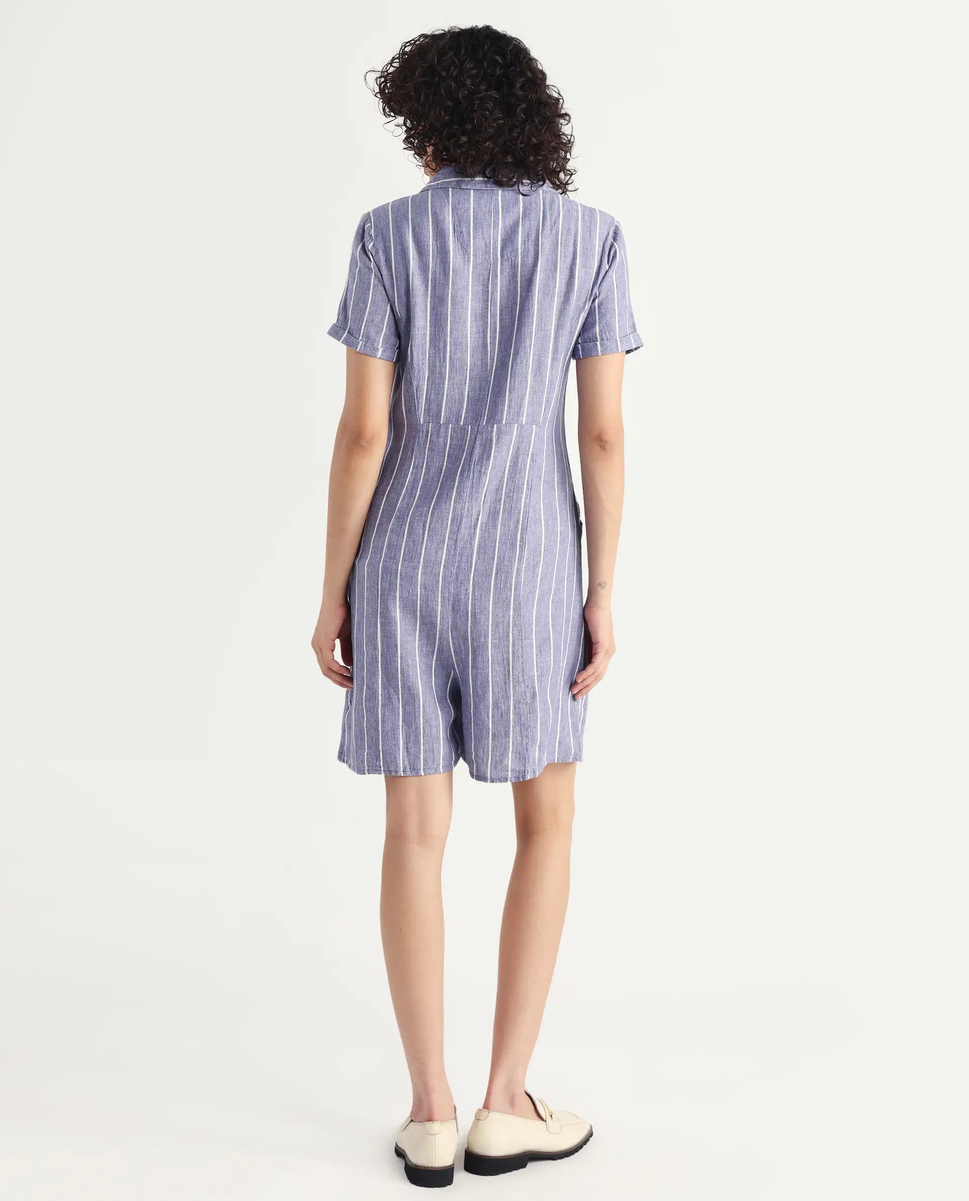 Rareism Women's Lucio Blue Linen Spread Collar Striped Tailored Playsuit