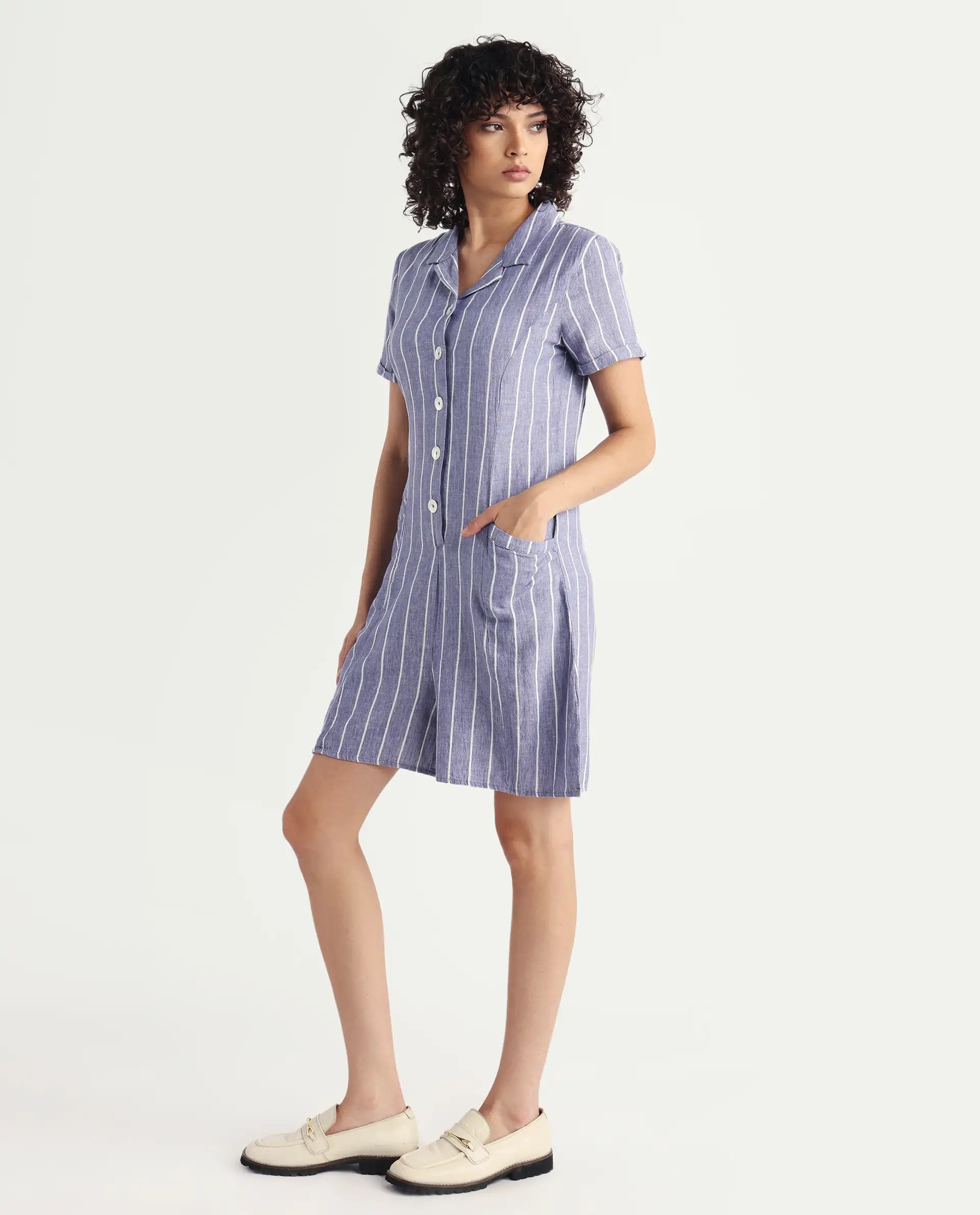 Rareism Women's Lucio Blue Linen Spread Collar Striped Tailored Playsuit