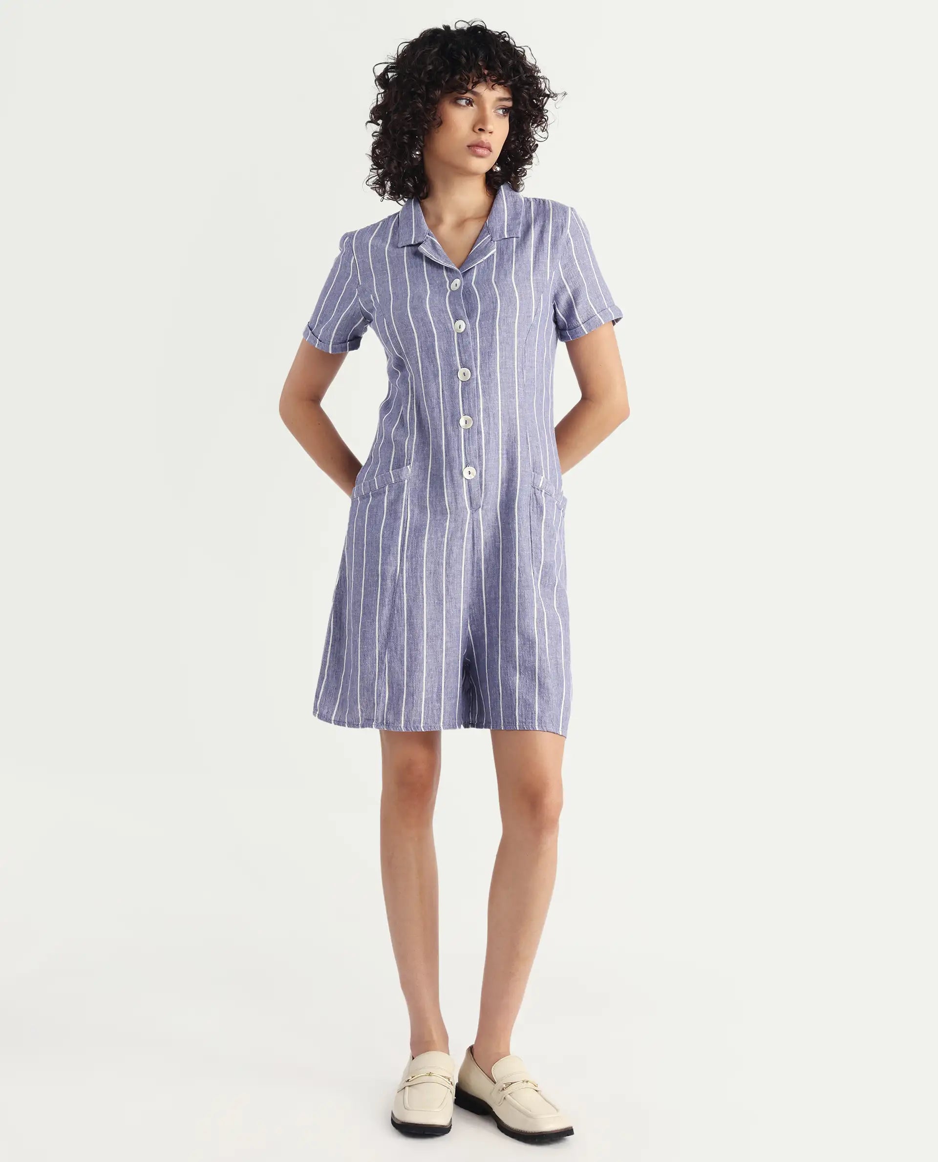 Rareism Women's Lucio Blue Linen Spread Collar Striped Tailored Playsuit