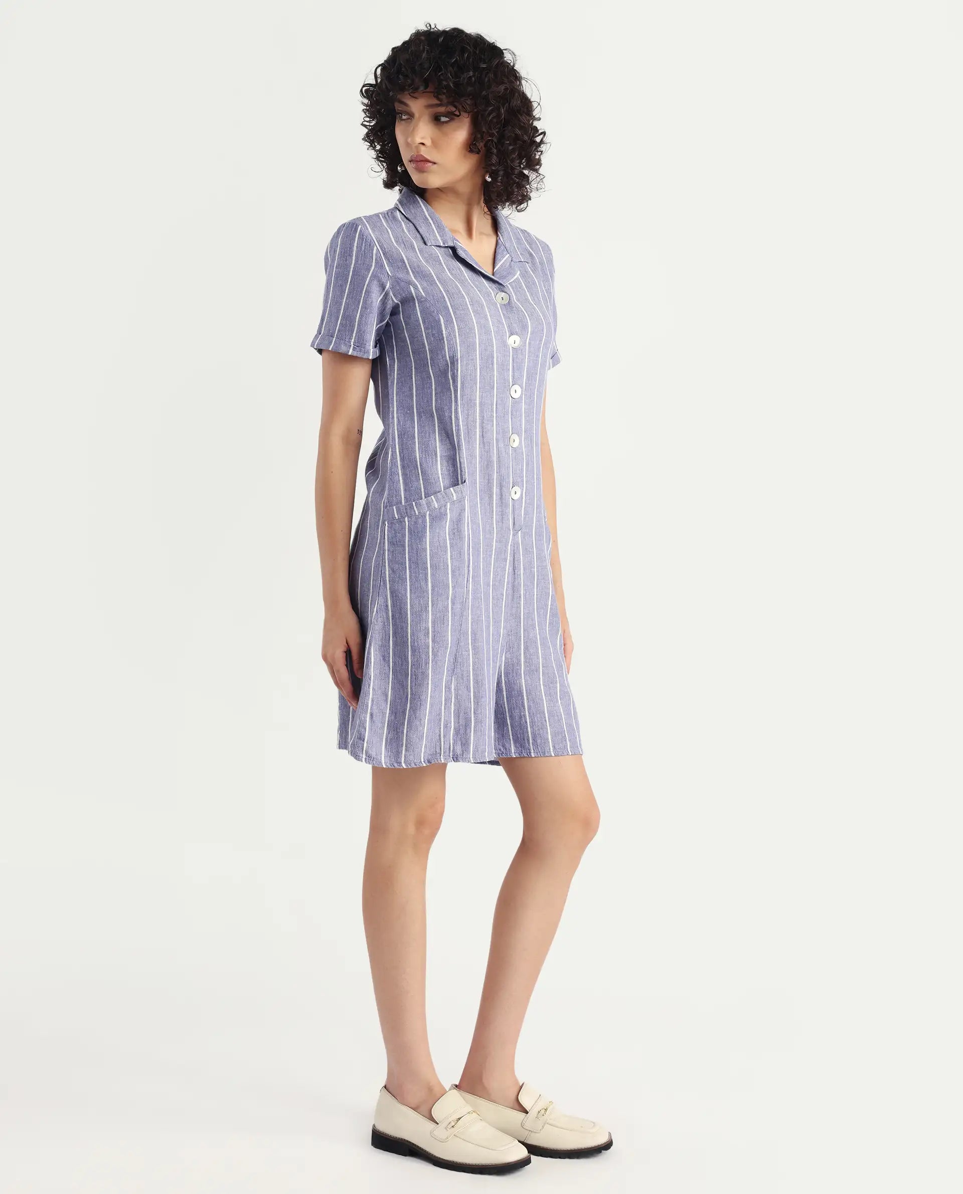 Rareism Women's Lucio Blue Linen Spread Collar Striped Tailored Playsuit