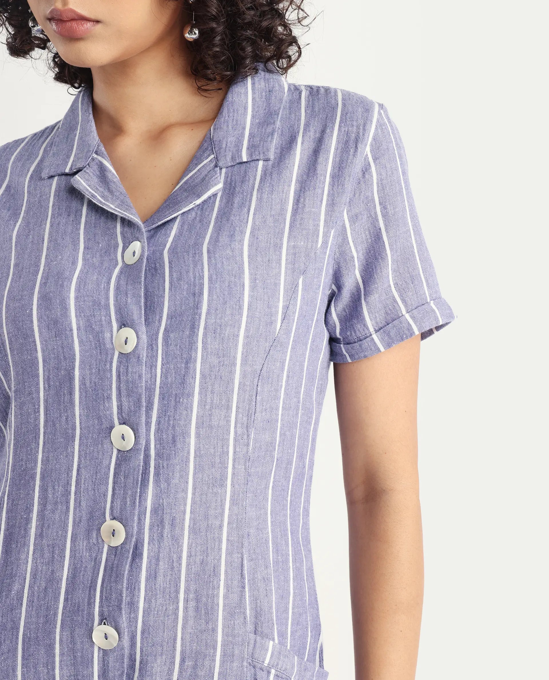 Rareism Women's Lucio Blue Linen Spread Collar Striped Tailored Playsuit